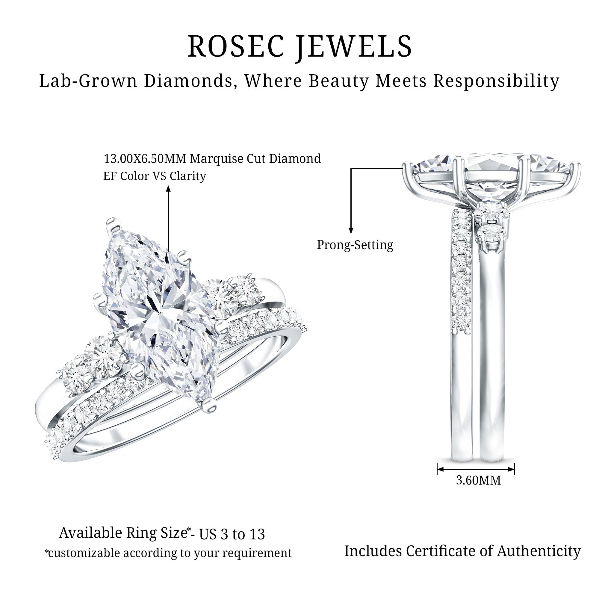 Rosec Jewels-2 Carat Marquise Cut Bridal Ring Set with IGI Certified Lab Grown Diamond