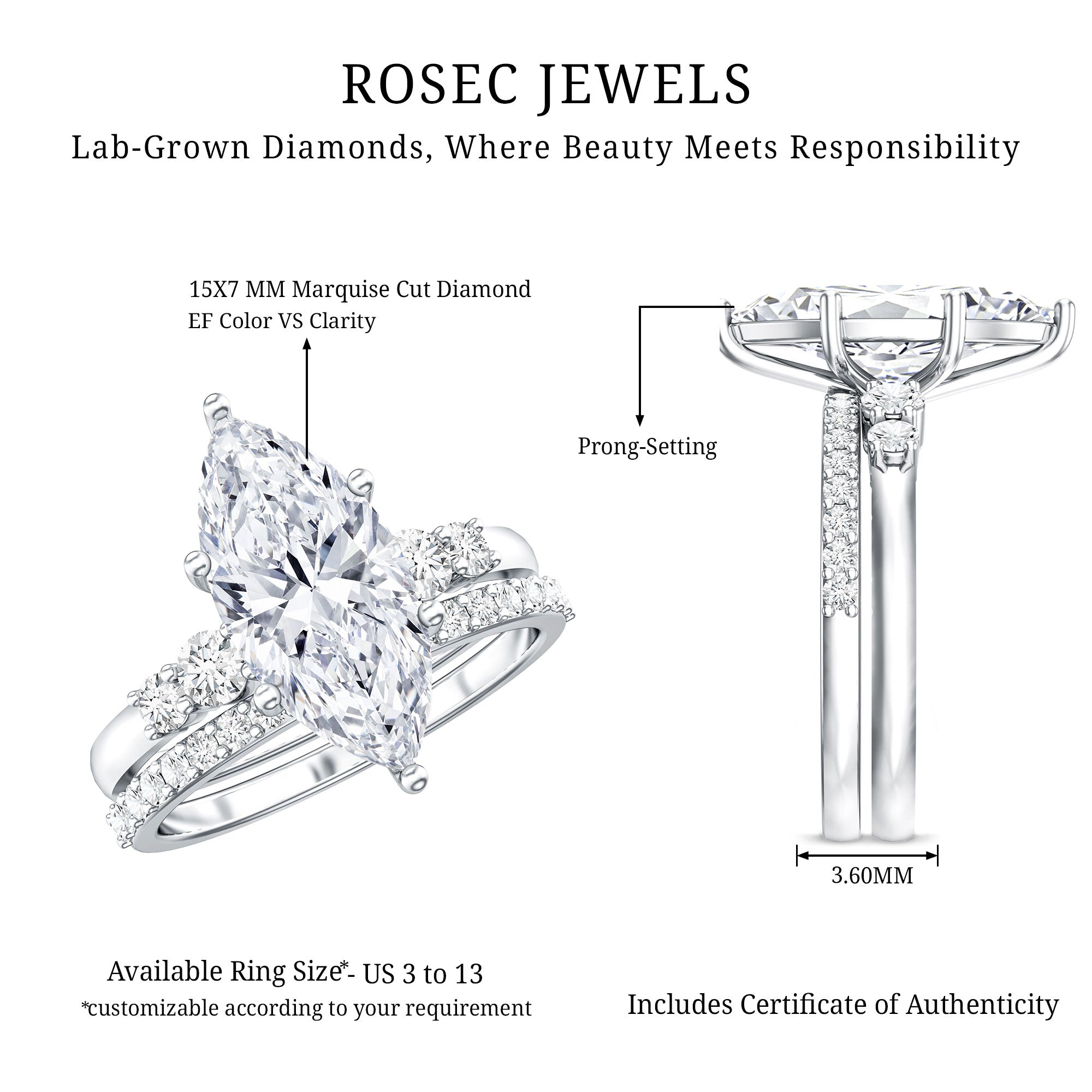 Rosec Jewels-IGI Certified 3 Carat Lab Grown Diamond Marquise Bridal Wedding Ring Set