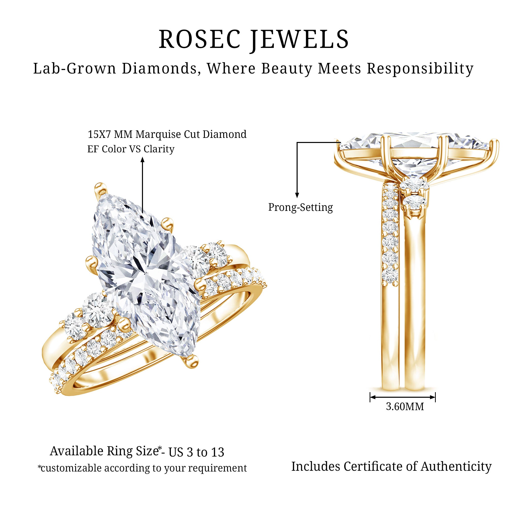 Rosec Jewels-IGI Certified 3 Carat Lab Grown Diamond Marquise Bridal Wedding Ring Set