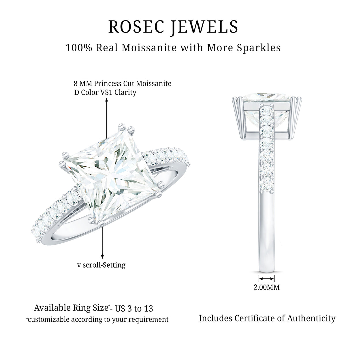Rosec Jewels-IGI Verified Lab Grown Diamond 3 Carat Princess Cut Engagement Ring