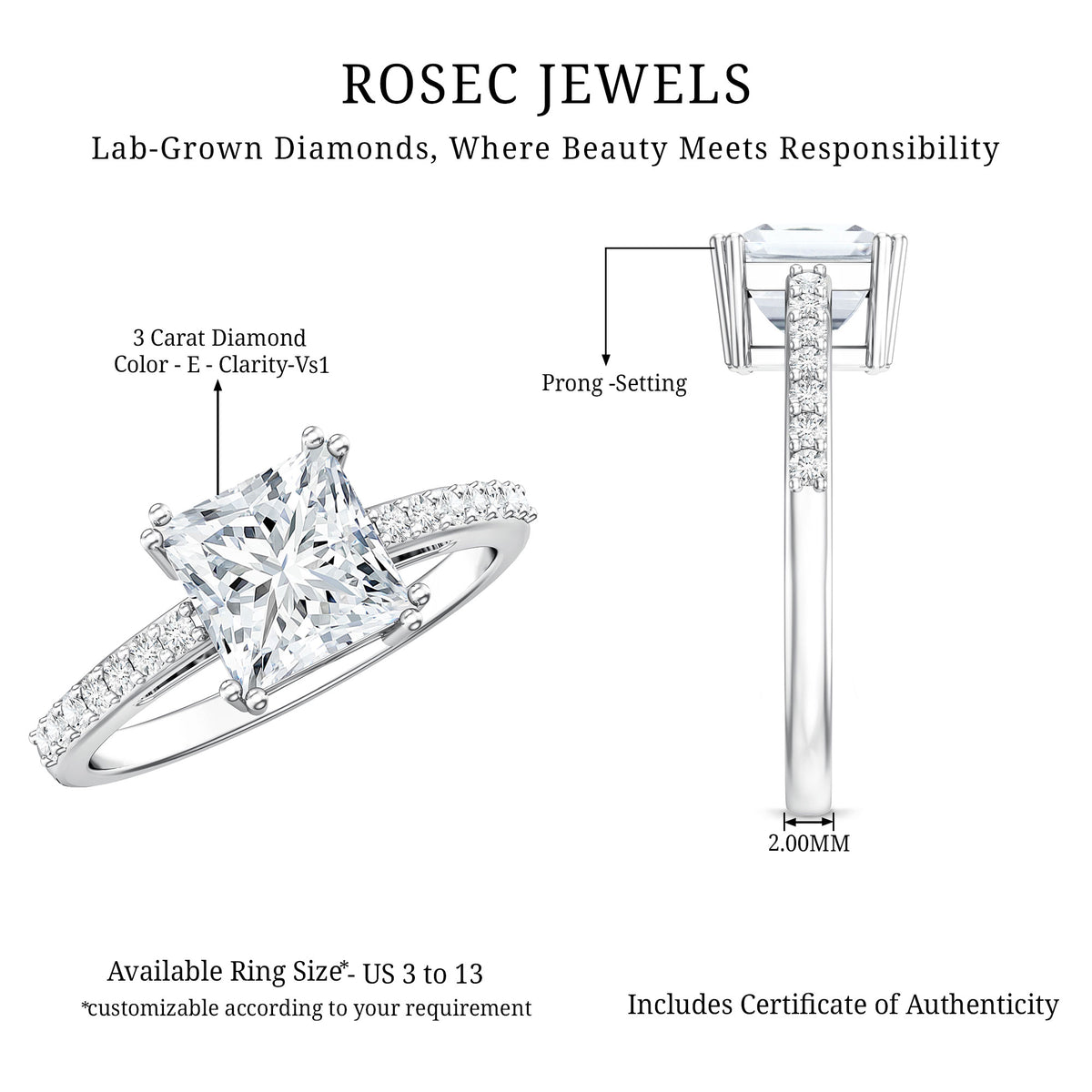 IGI Verified Lab Grown Diamond 3 Carat Princess Cut Engagement Ring Lab - ( E-VS1 ) - Rosec Jewels