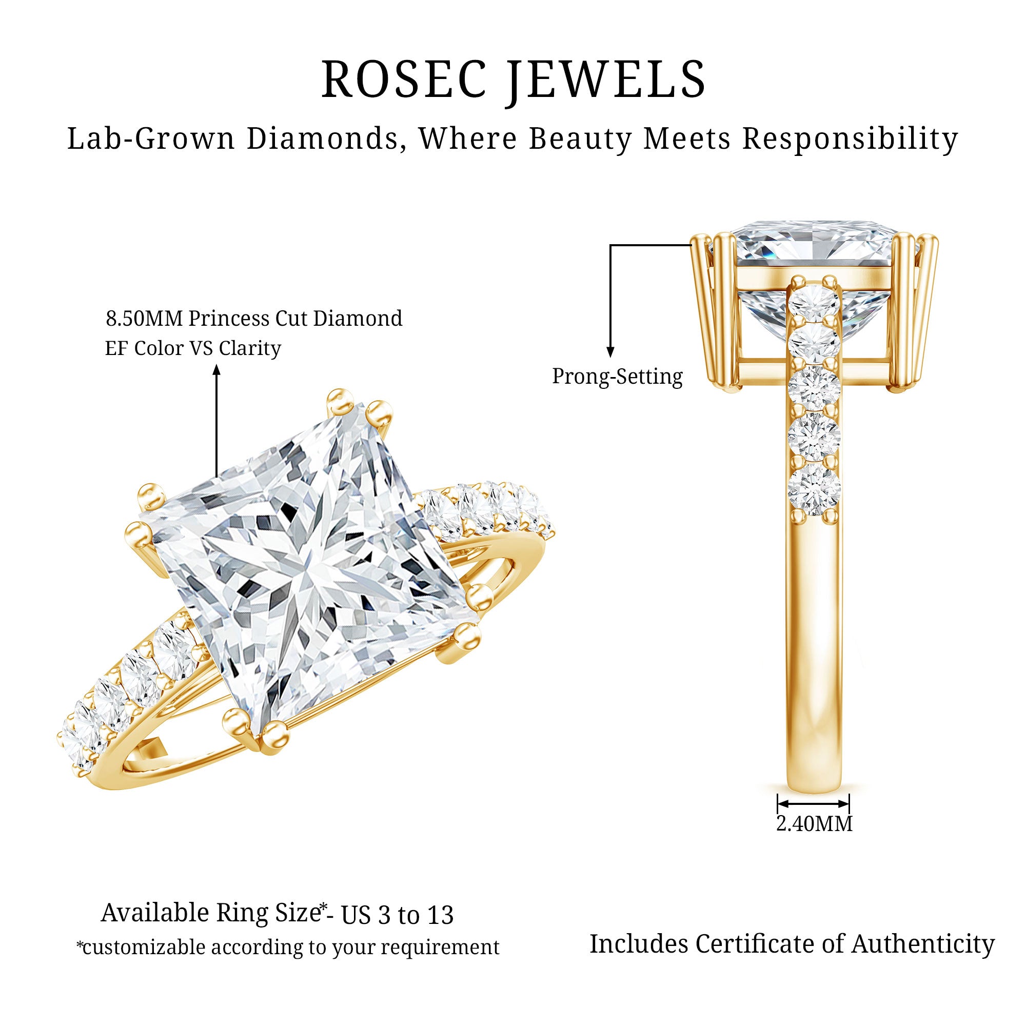 Rosec Jewels-IGI Certified 4 Carat Princess Cut Lab Grown Diamond Solitaire Engagement Ring