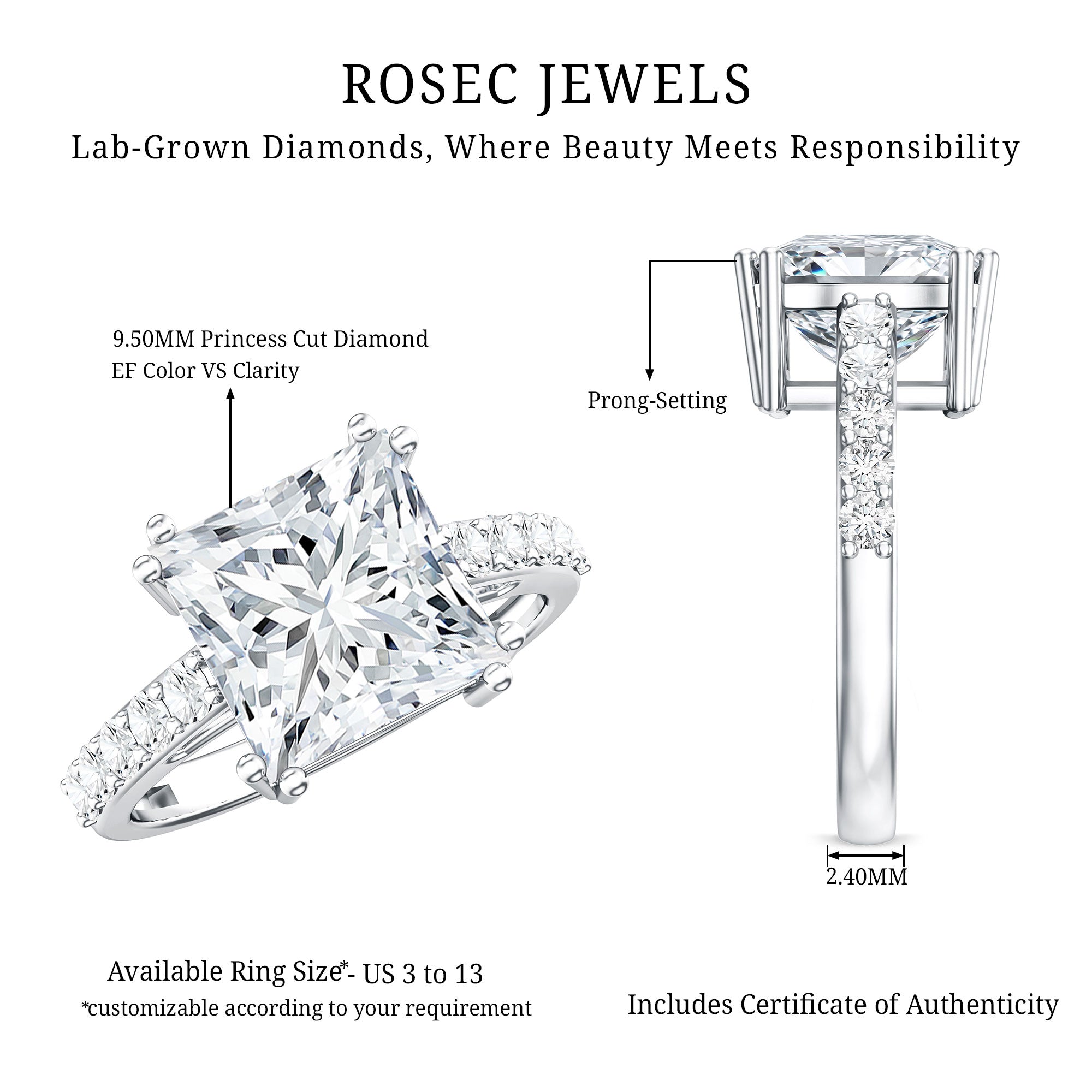 Rosec Jewels-IGI Certified Princess Cut Lab Grown Diamond 5 Carat Engagement Ring with Side Stones