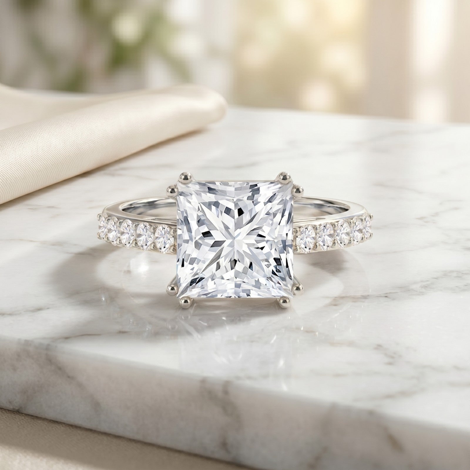 IGI Certified Princess Cut Lab Grown Diamond 5 Carat Engagement Ring with Side Stones Lab - ( E-VS1 ) - Rosec Jewels