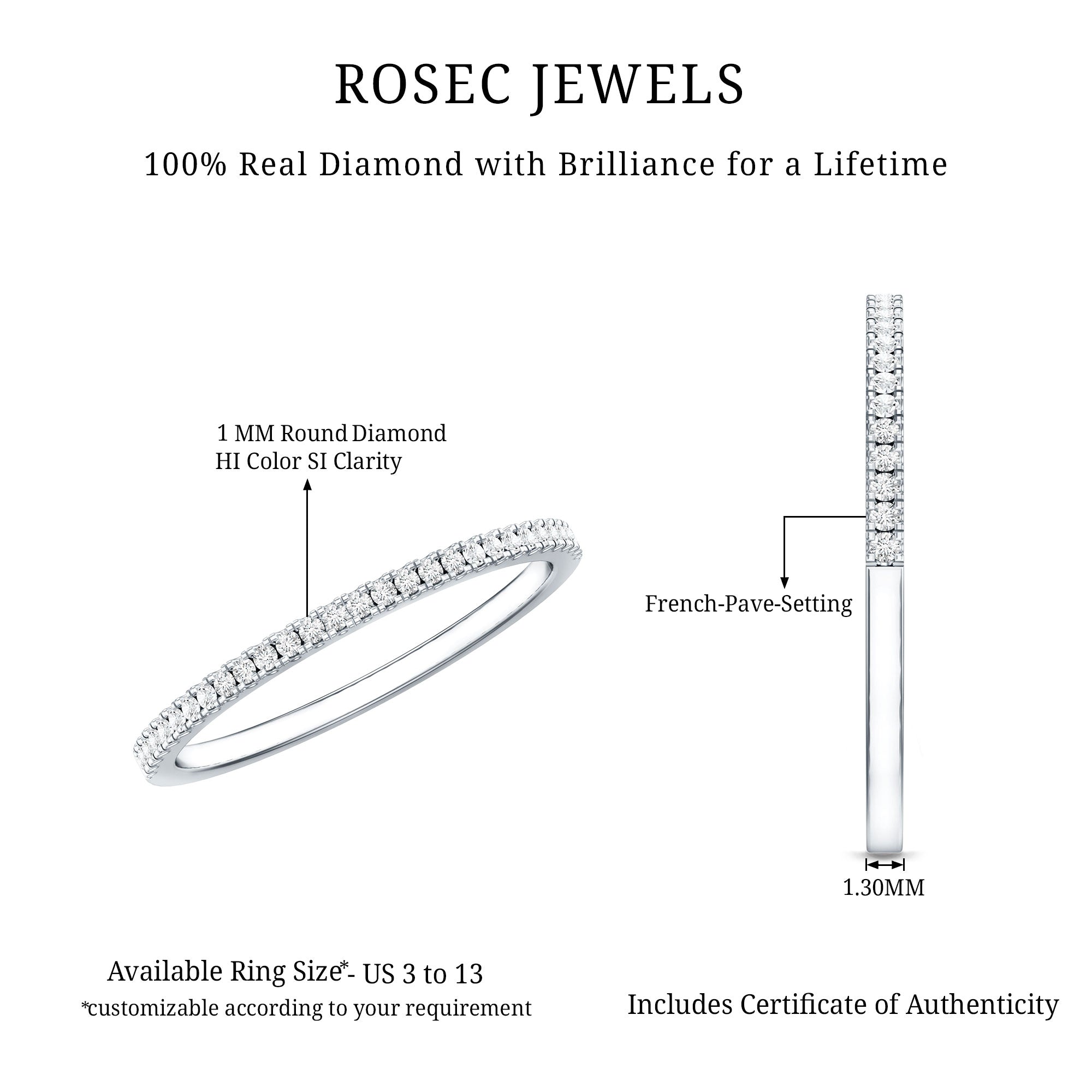 Certified Diamond Half Eternity Ring in Pave Setting Natural - ( HI-SI ) - Rosec Jewels