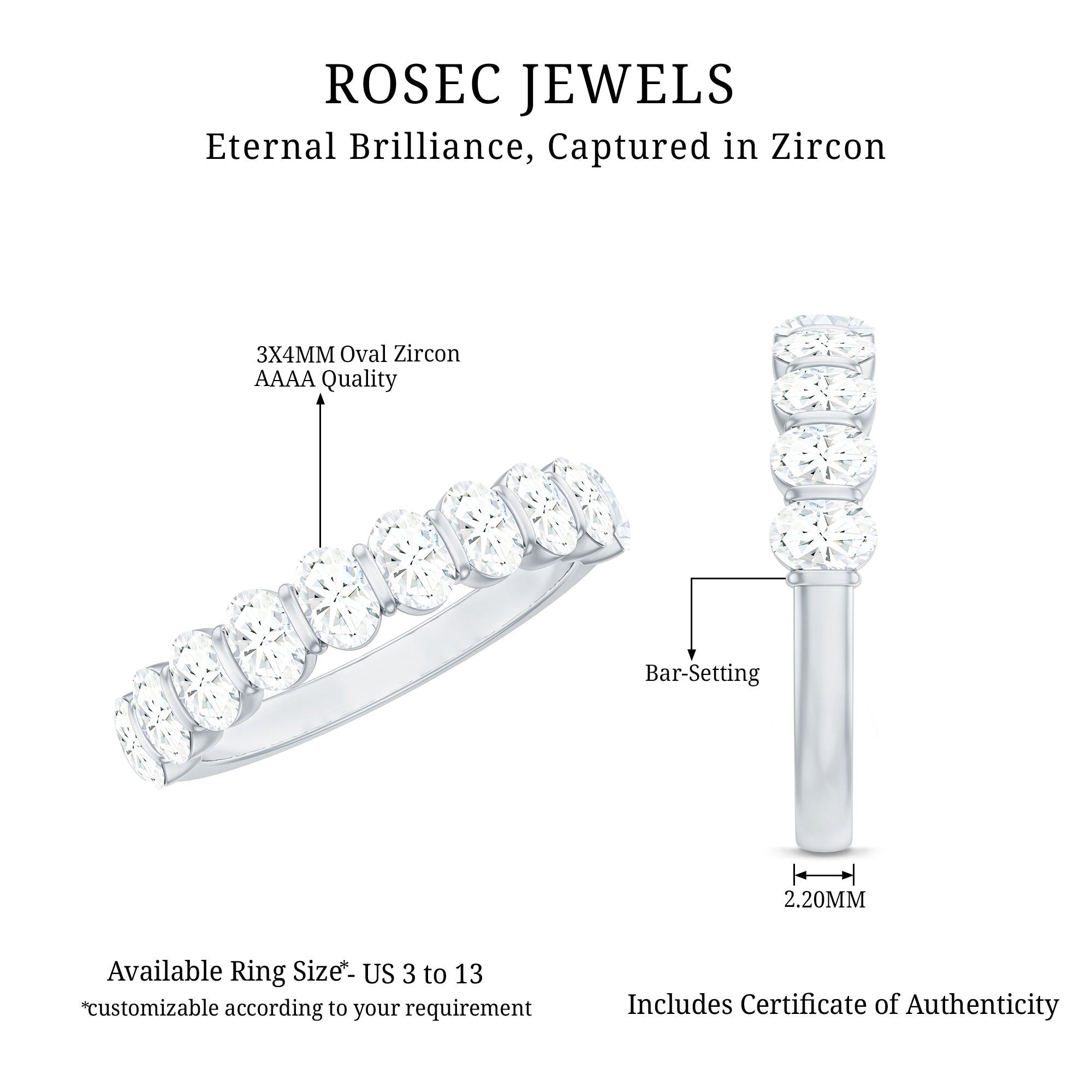 Rosec Jewels-Oval Shaped Cubic Zirconia Half Eternity Band Ring with Certificate