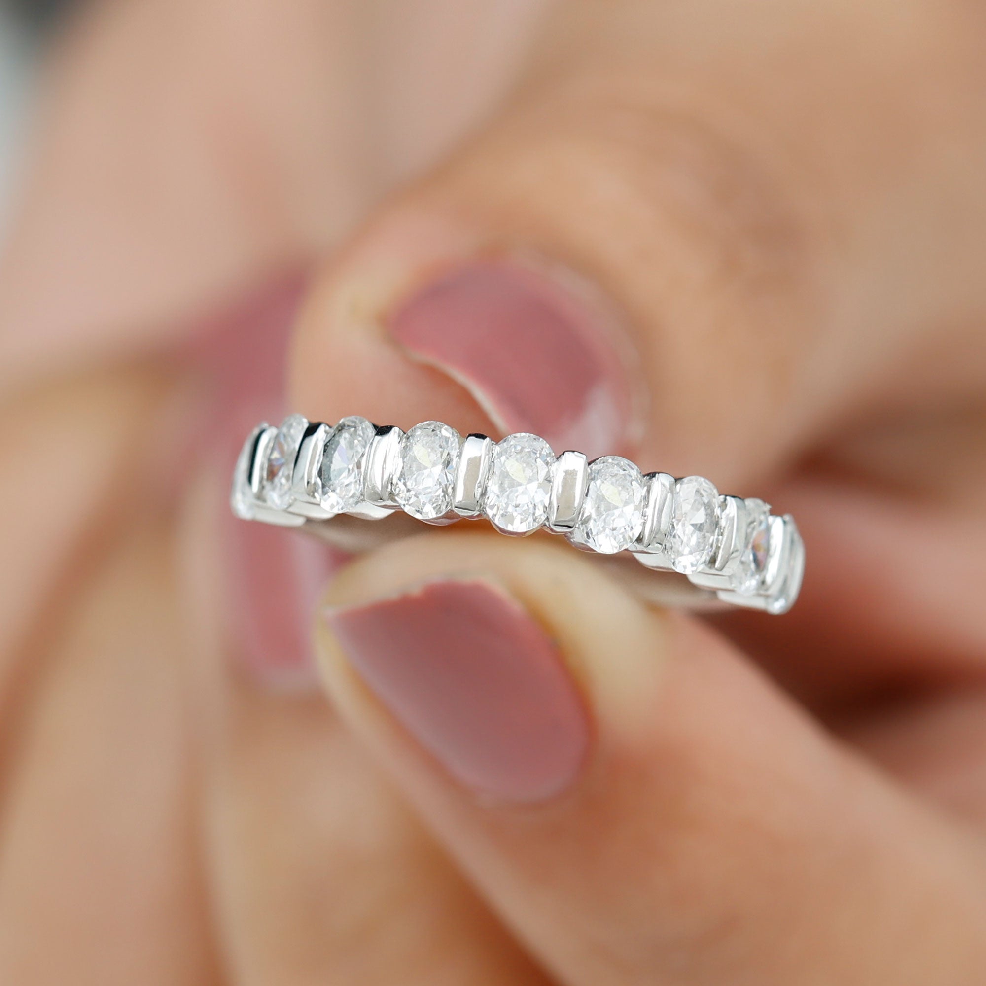 Rosec Jewels-Oval Shaped Cubic Zirconia Half Eternity Band Ring with Certificate