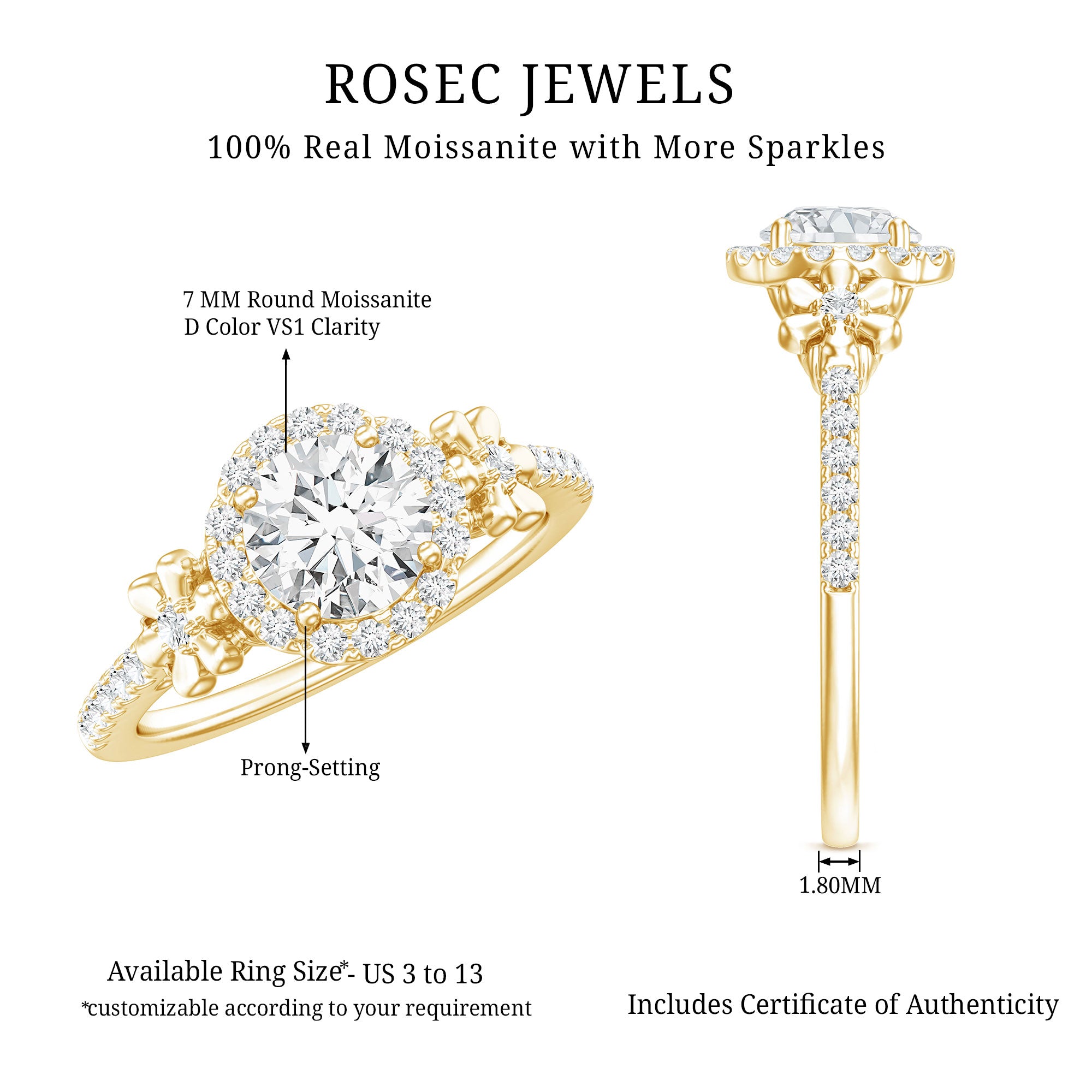 Certified 1 Carat Moissanite Floral Engagement Ring for Women D-VS1 - Rosec Jewels