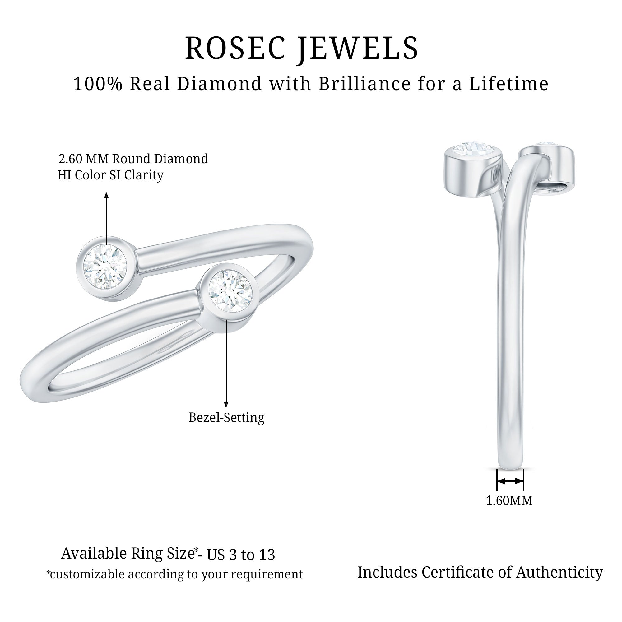 Natural Diamond 2 Stone Promise Ring in Wrap Style Natural - ( HI-SI ) - Rosec Jewels
