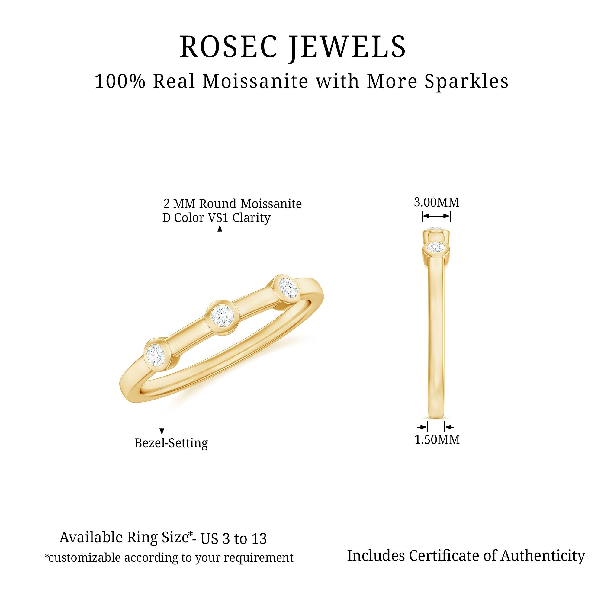 Certified Moissanite Three Stone Stackable Ring in Bezel Setting D-VS1 - Rosec Jewels