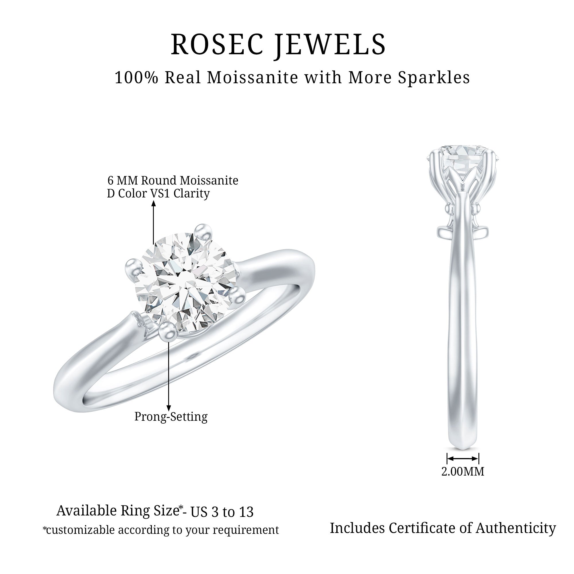 Rosec Jewels-Solitaire Round Cut Moissanite Engagement Ring for Her