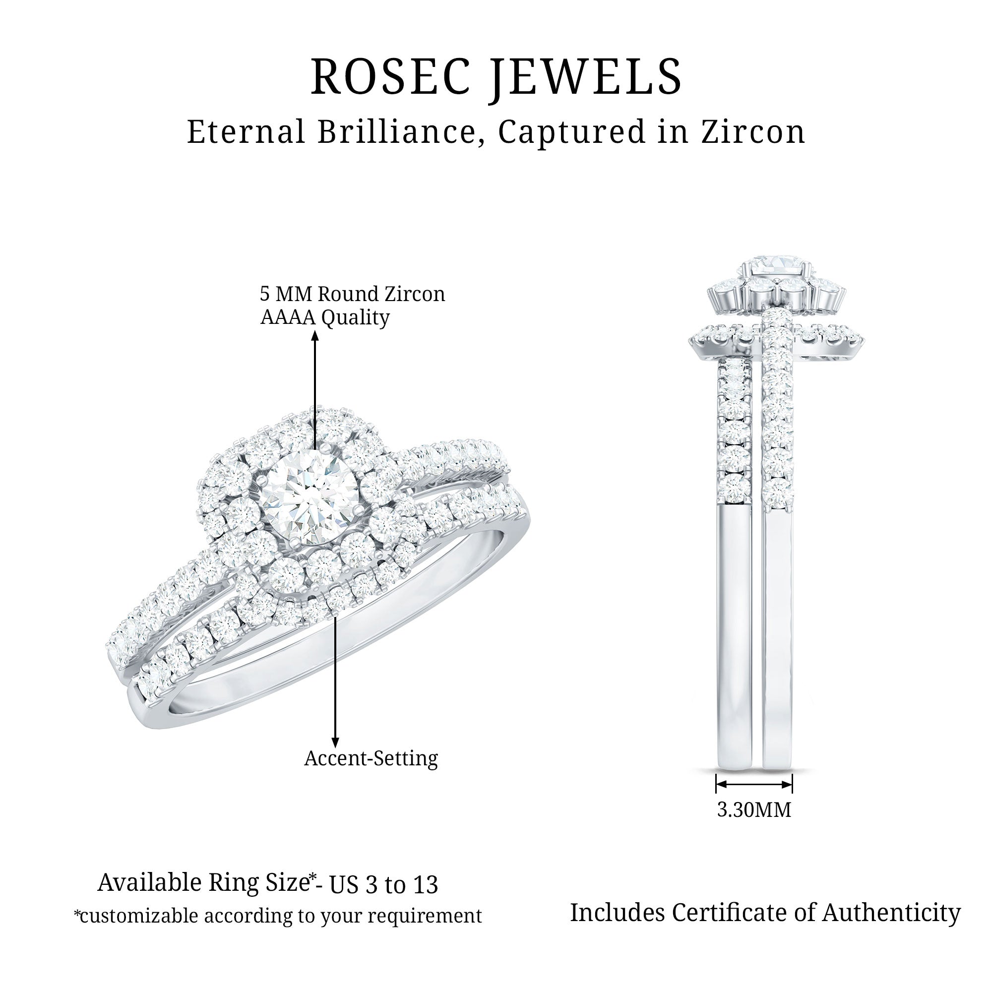 1.50 CT Zircon Statement Wedding Ring Set AAAA - Rosec Jewels