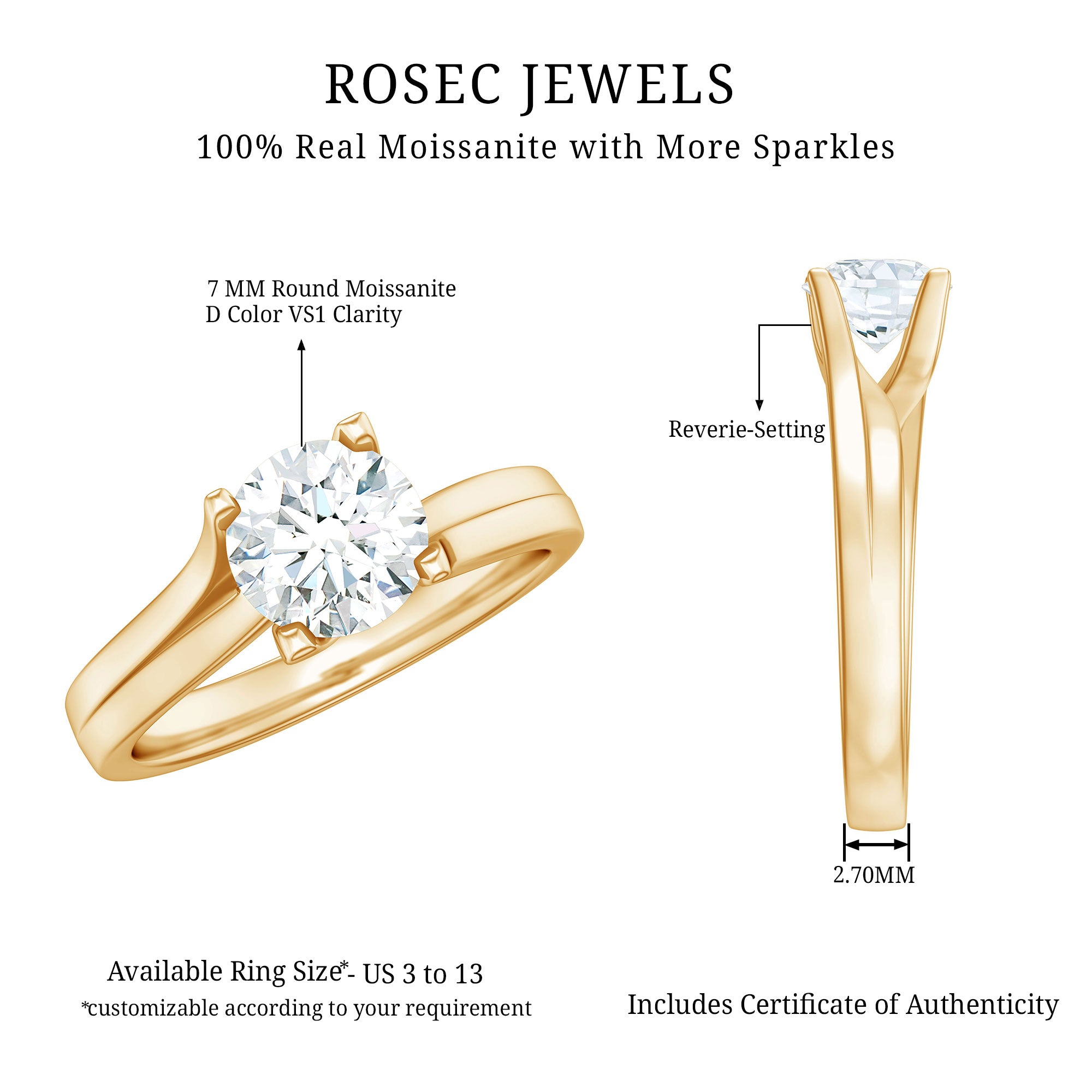 7 MM Round Moissanite Solitaire Engagement Ring in Reverie Setting D-VS1 - Rosec Jewels