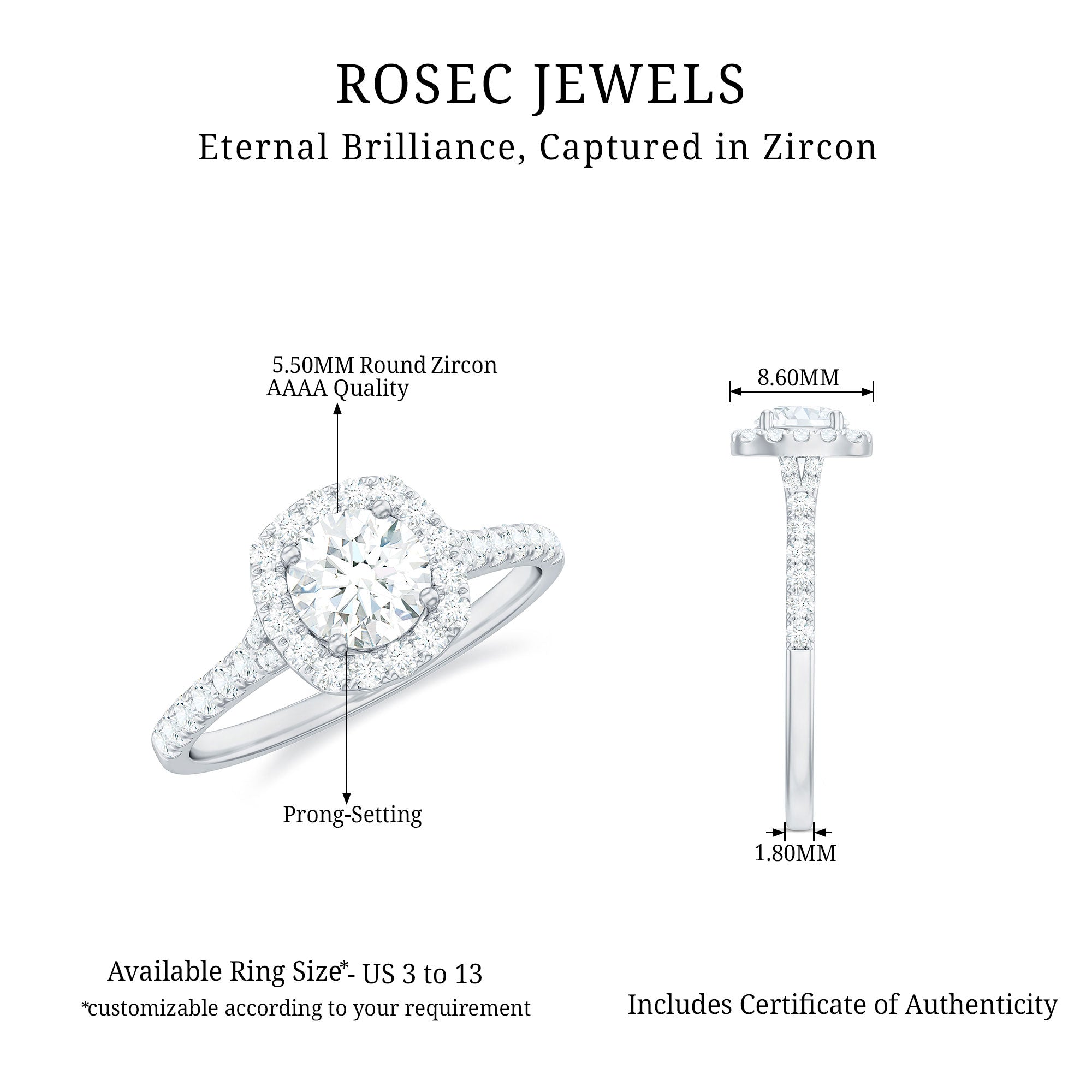 Cubic Zirconia Halo Engagement Ring with Certificate AAAA - Rosec Jewels