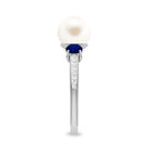 Rosec Jewels-White Pearl and Sapphire 3 Stone Engagement Ring with Diamond