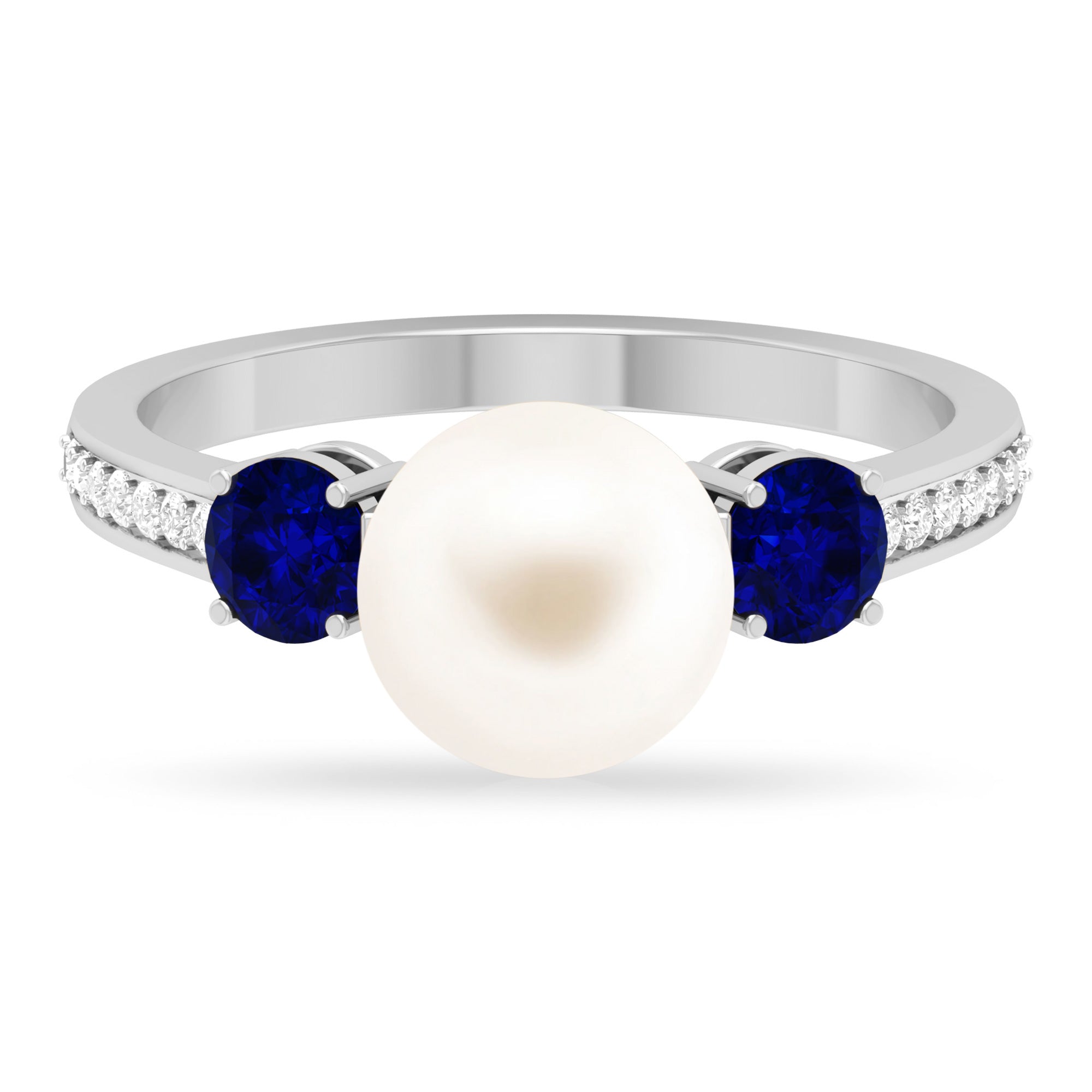 Rosec Jewels-White Pearl and Sapphire 3 Stone Engagement Ring with Diamond