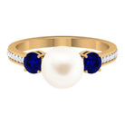 Rosec Jewels-White Pearl and Sapphire 3 Stone Engagement Ring with Diamond