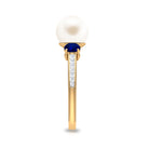 Rosec Jewels-White Pearl and Sapphire 3 Stone Engagement Ring with Diamond