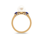 Rosec Jewels-White Pearl and Sapphire 3 Stone Engagement Ring with Diamond