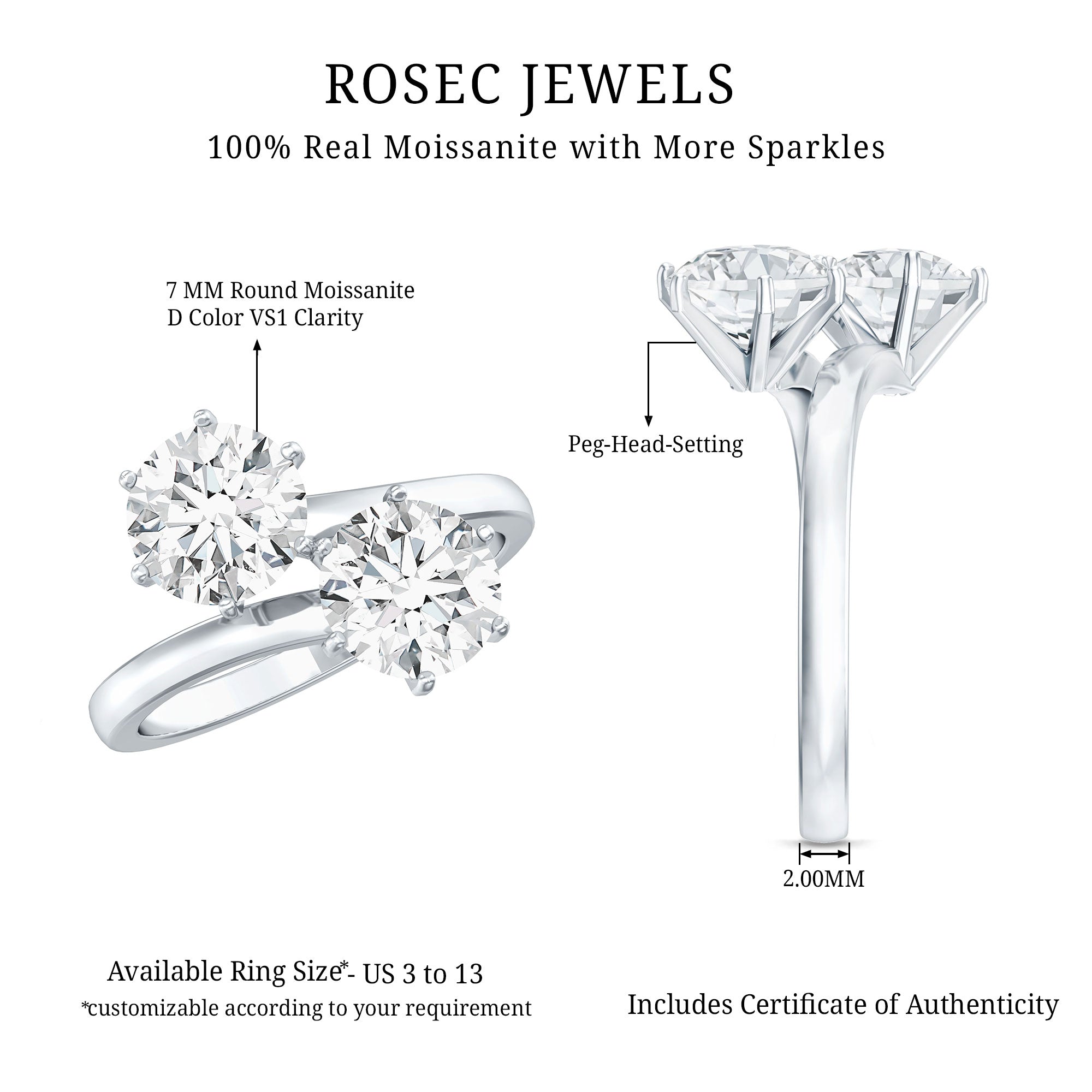 7 MM Round Certified Moissanite Toi et Moi Engagement Ring D-VS1 - Rosec Jewels