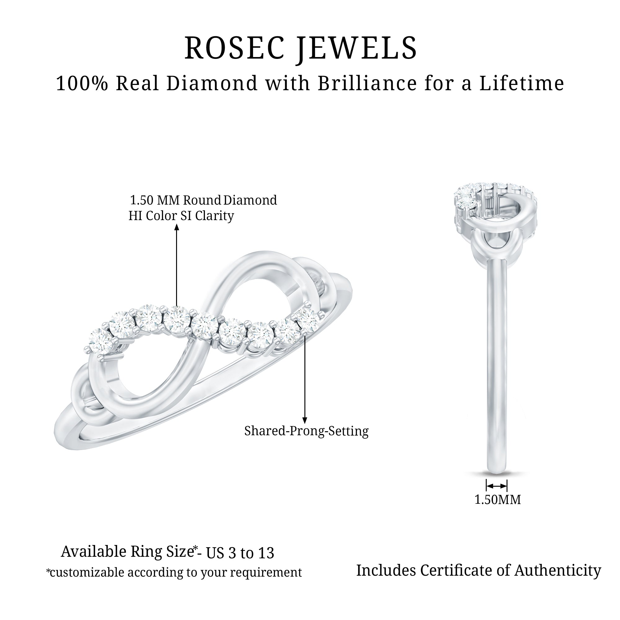 Certified Prong Set Diamond Infinity Promise Ring Natural - ( HI-SI ) - Rosec Jewels