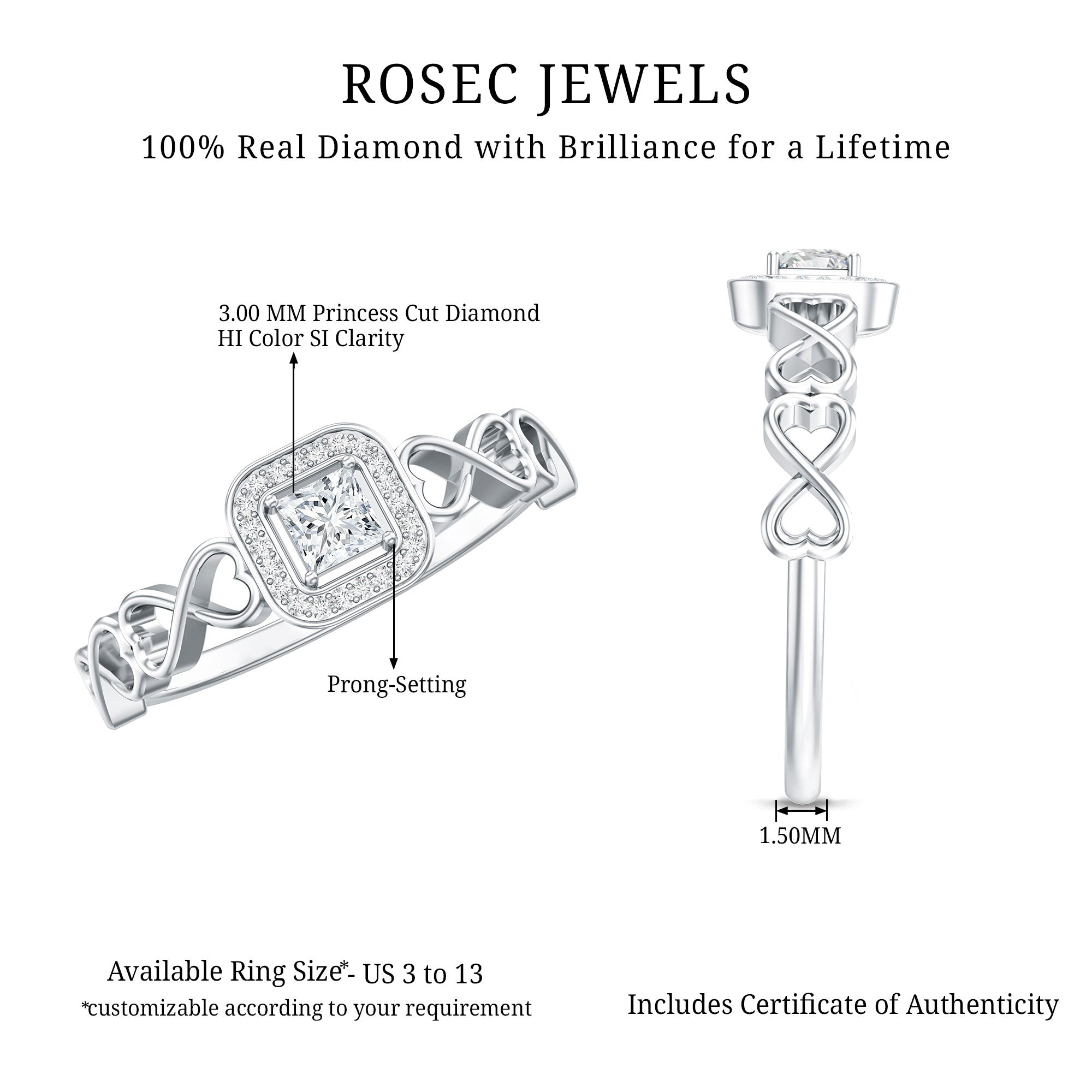 Rosec Jewels-Real Princess Cut Diamond Infinity Heart Engagement Ring