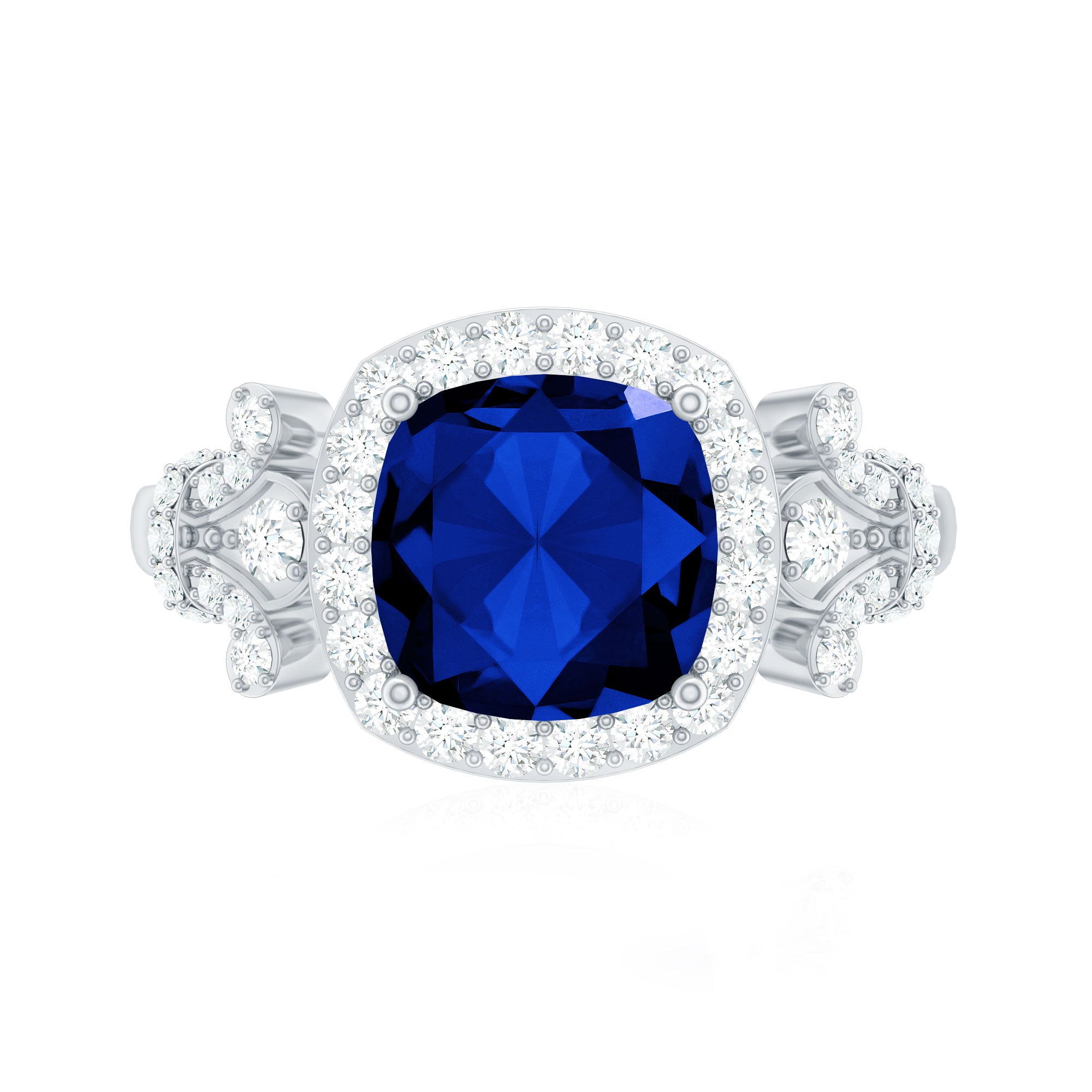 Rosec Jewels-3.5 CT Cushion Cut Created Blue Sapphire Engagement Ring with Diamond Accent