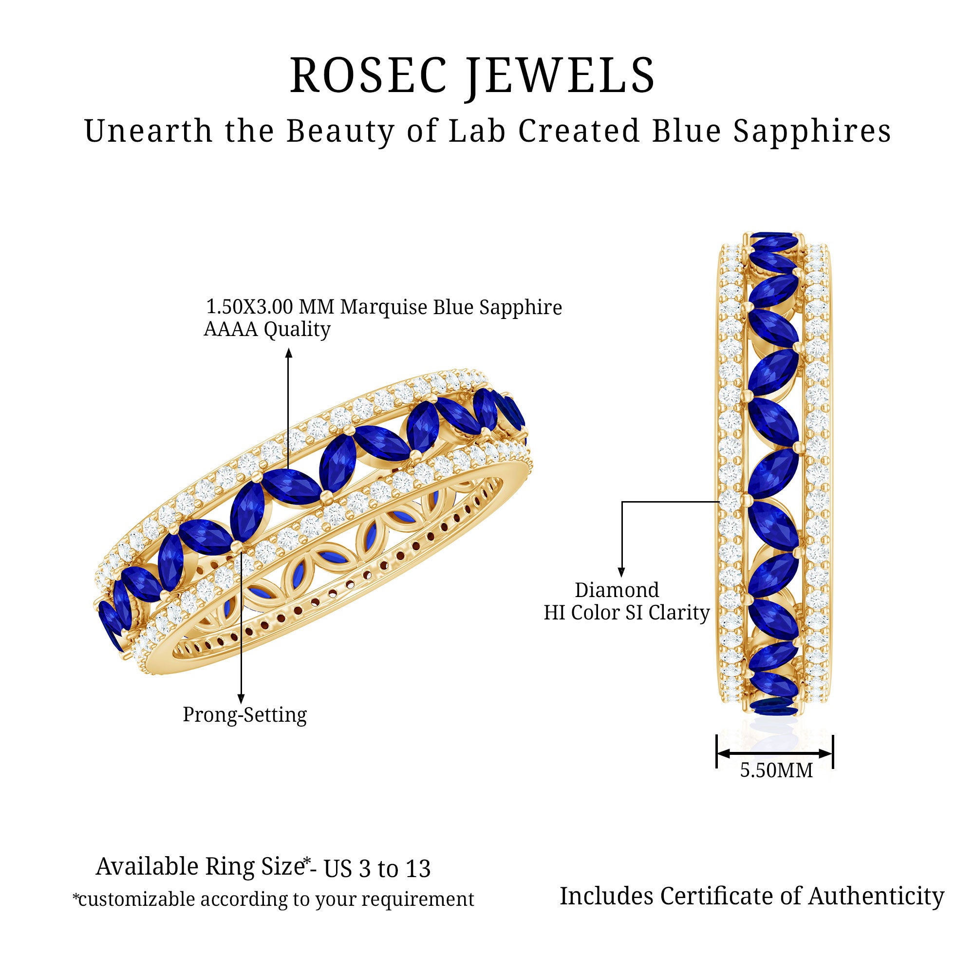 1.25 CT Elegant Created Blue Sapphire and Diamond Wedding Band Ring AAAA - Rosec Jewels