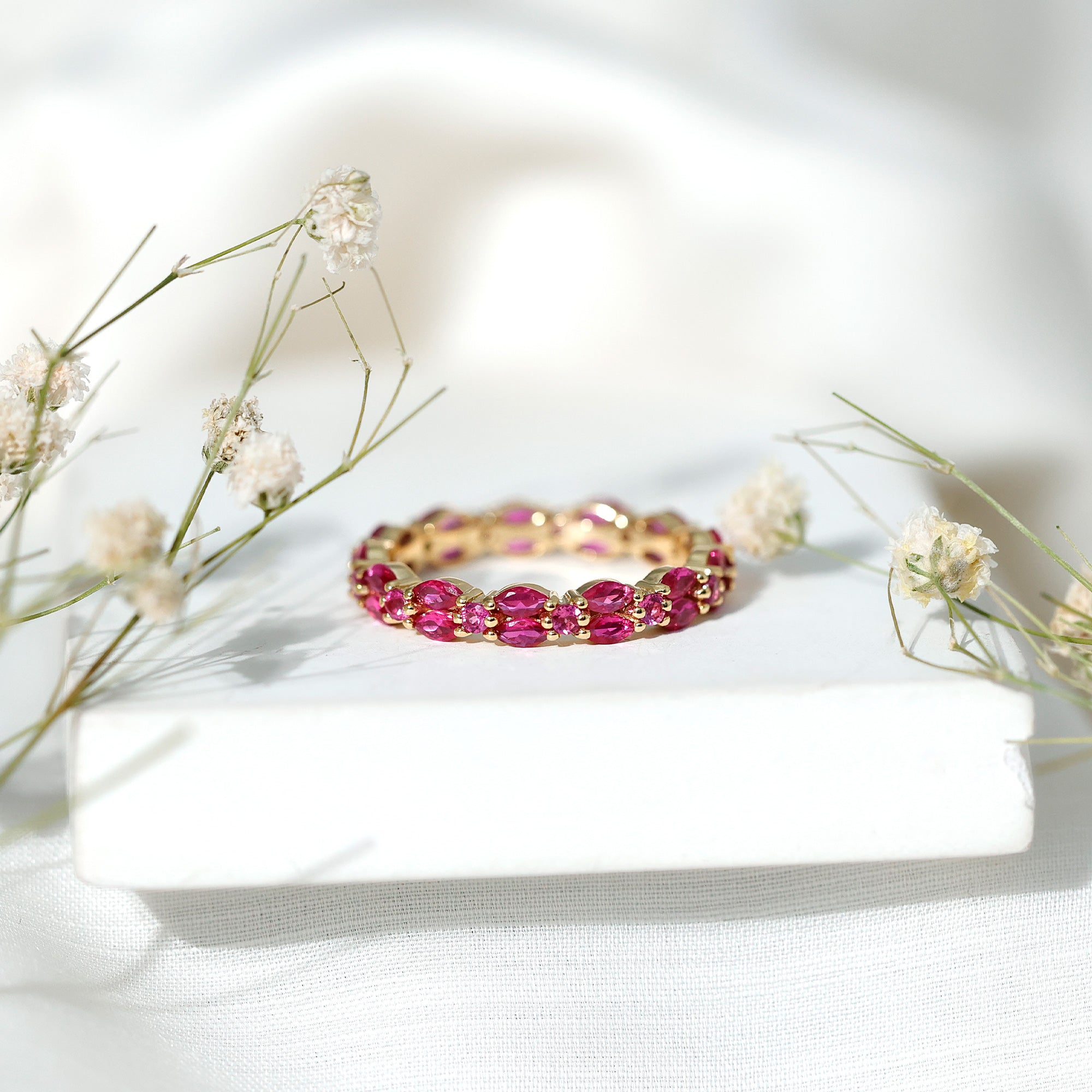 Rosec Jewels-Marquise and Round Cut Created Ruby Contemporary Eternity Ring