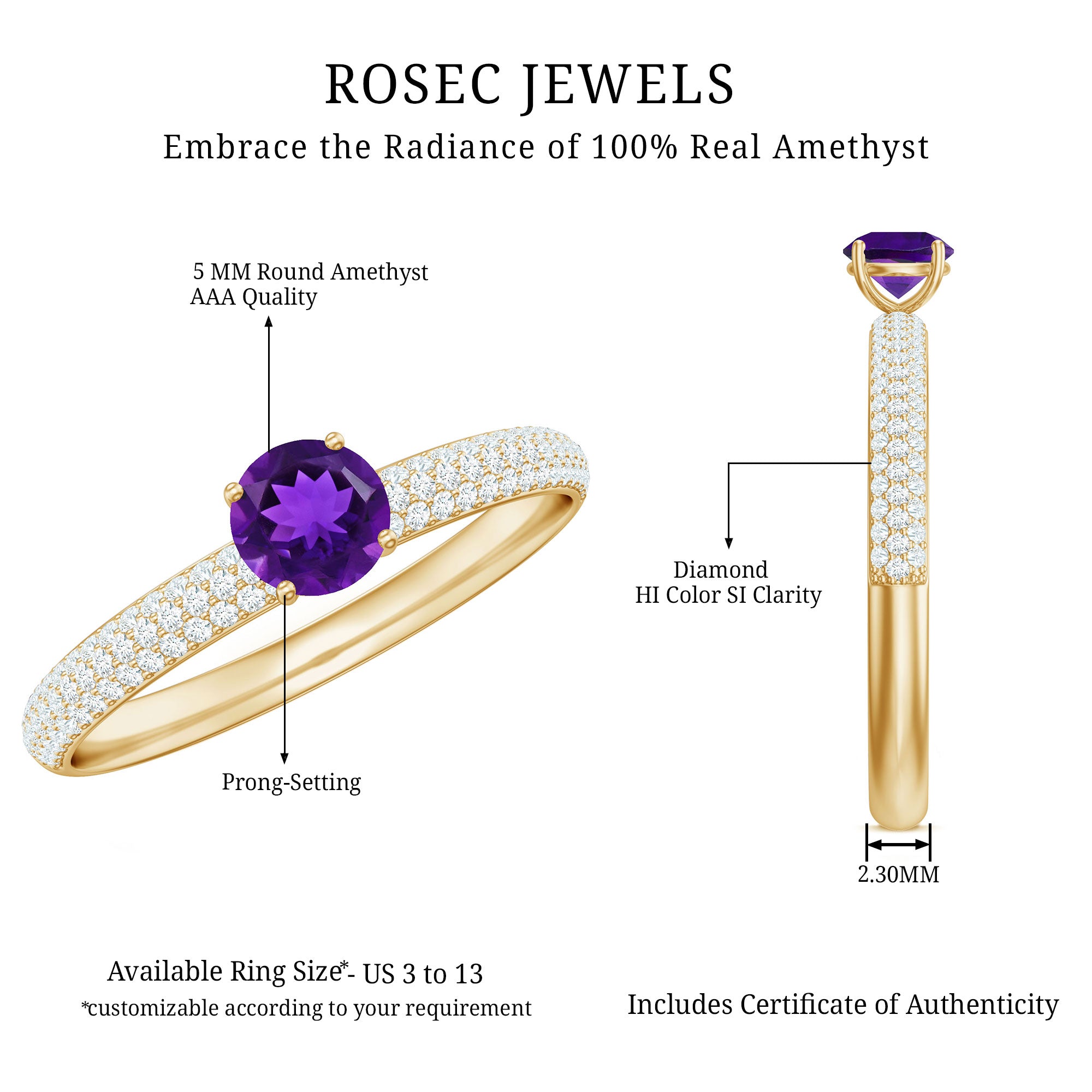 Rosec Jewels-Natural Amethyst Engagement Ring with Diamond for Women