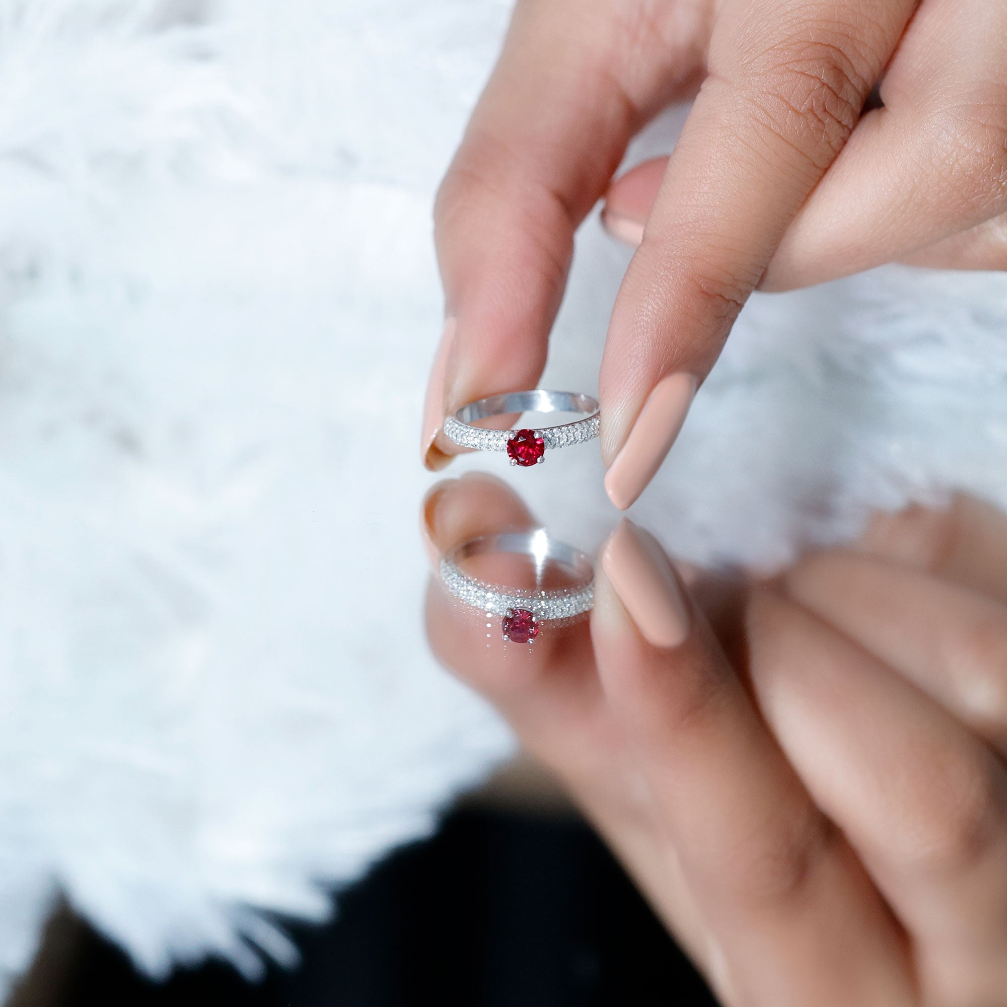 Rosec Jewels-Lab Created Ruby Solitaire Ring with Moissanite Side Stones