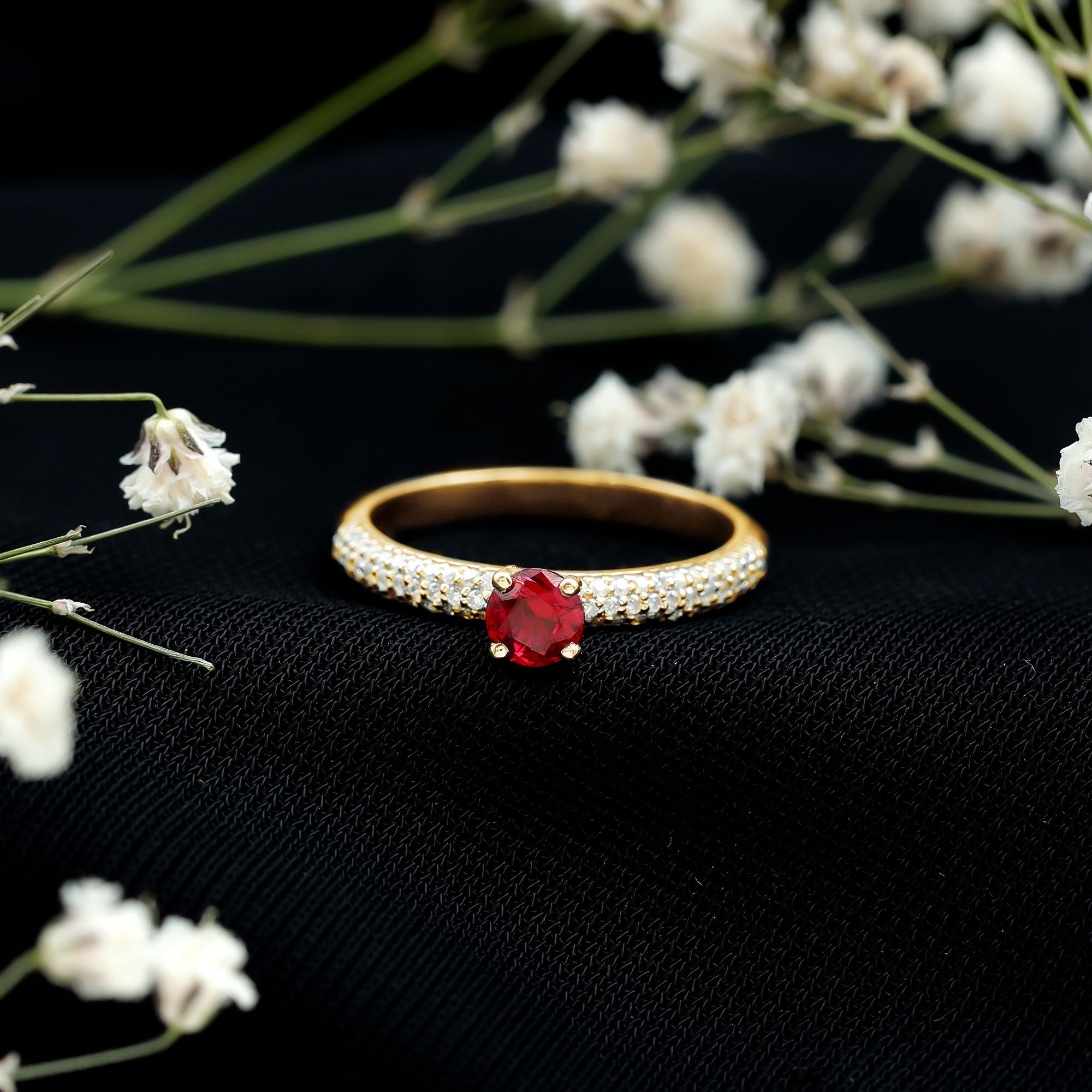 Rosec Jewels-Lab Created Ruby Solitaire Ring with Moissanite Side Stones