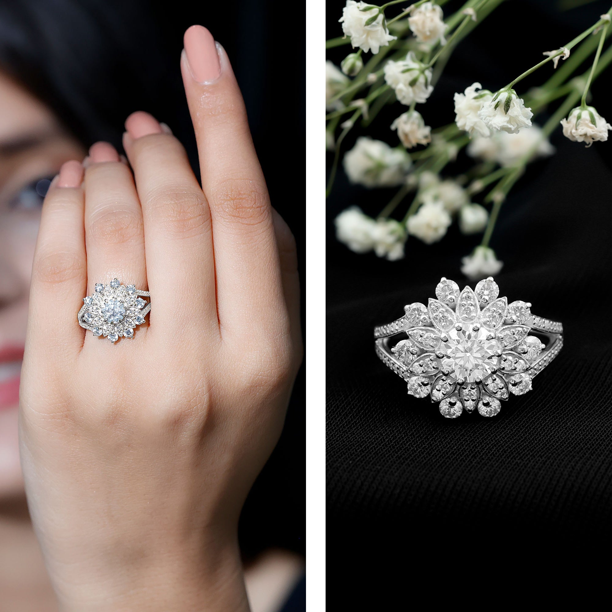 Certified Moissanite Statement Flower Engagement Ring D-VS1 - Rosec Jewels