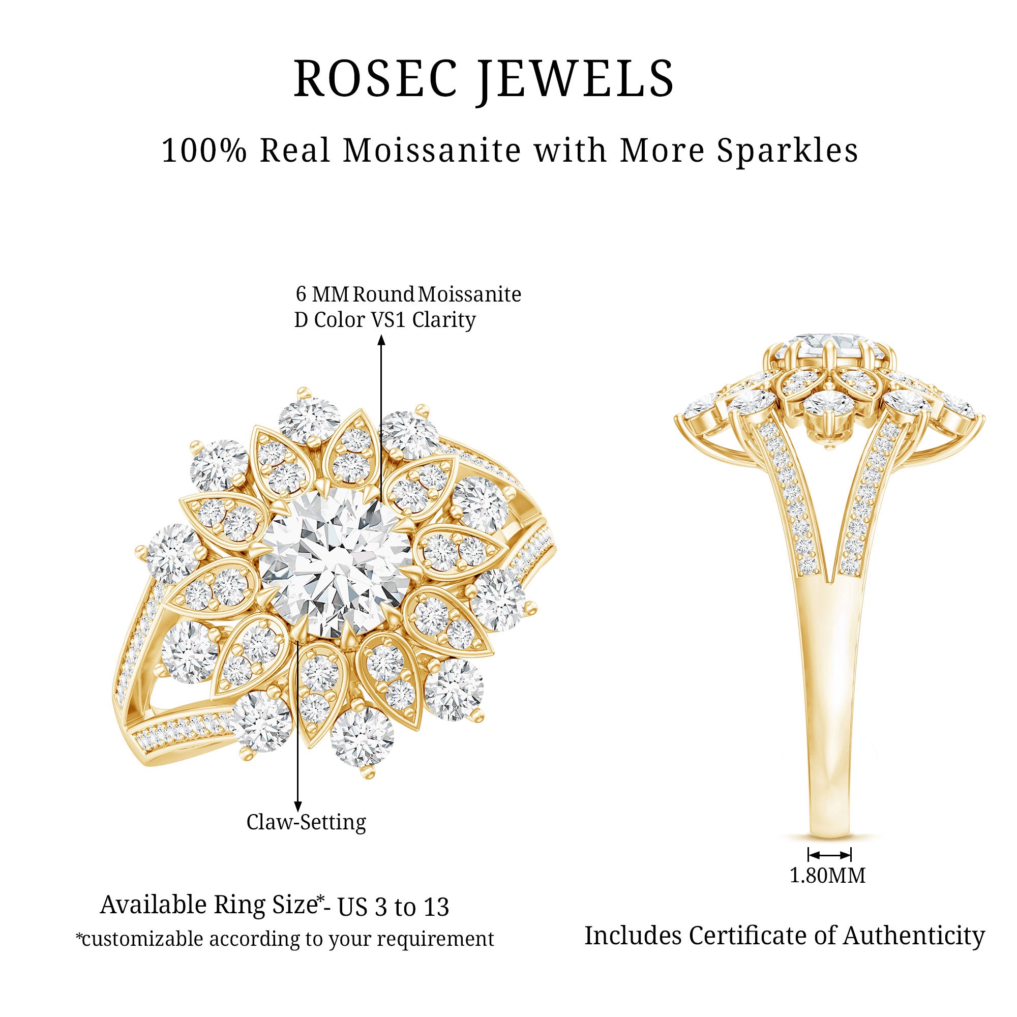 Certified Moissanite Statement Flower Engagement Ring D-VS1 - Rosec Jewels