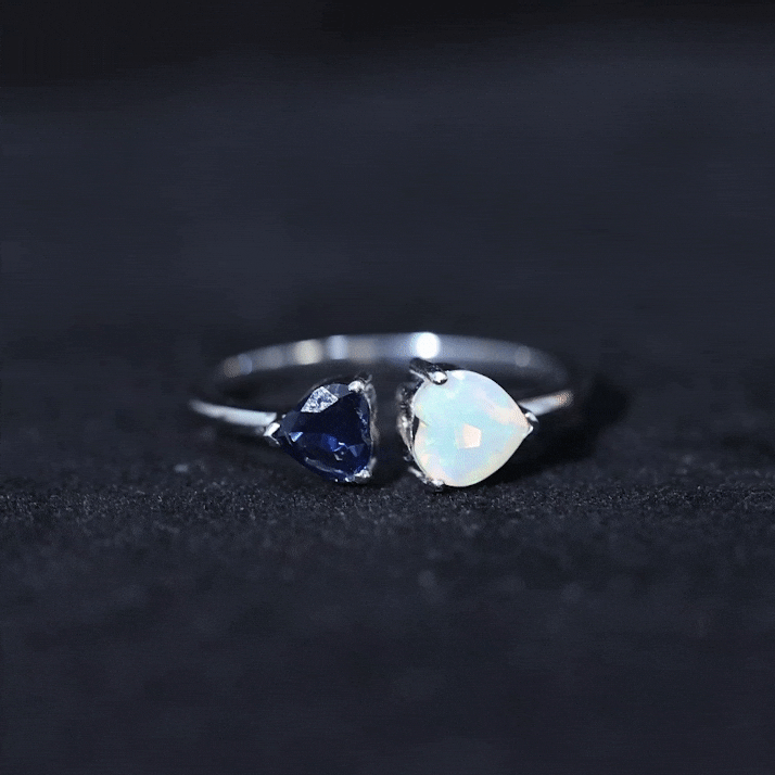Rosec Jewels-Natural Heart Shape Ethiopian Opal and Blue Sapphire 2 Stone Promise Ring