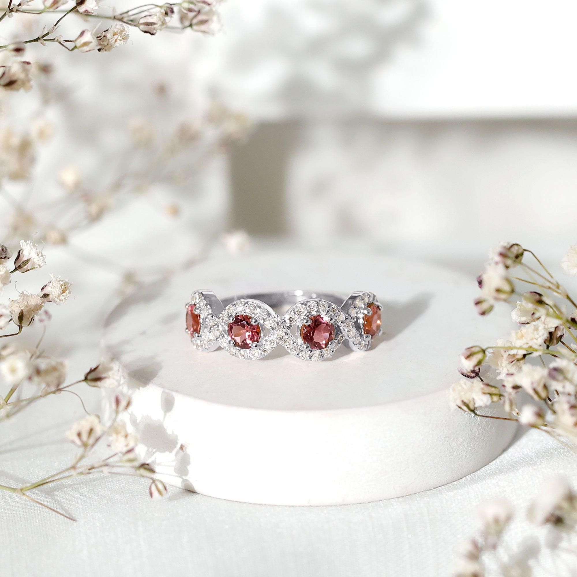 Rosec Jewels-Pink Tourmaline Infinity Half Eternity Band Ring with Diamond