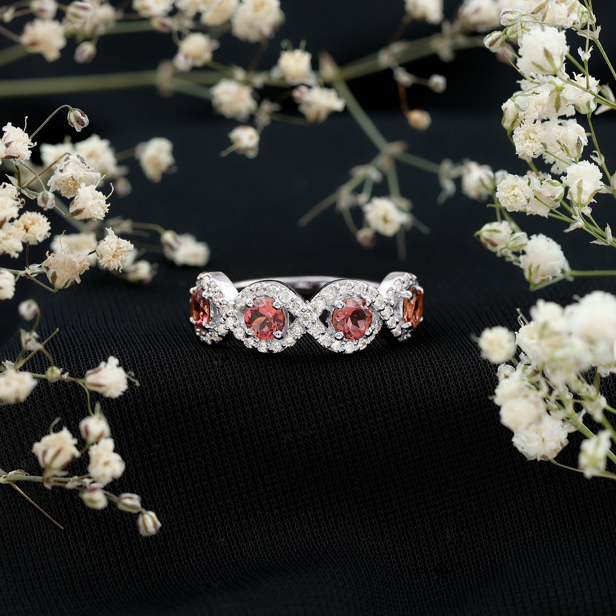 Rosec Jewels-Pink Tourmaline Infinity Half Eternity Band Ring with Diamond