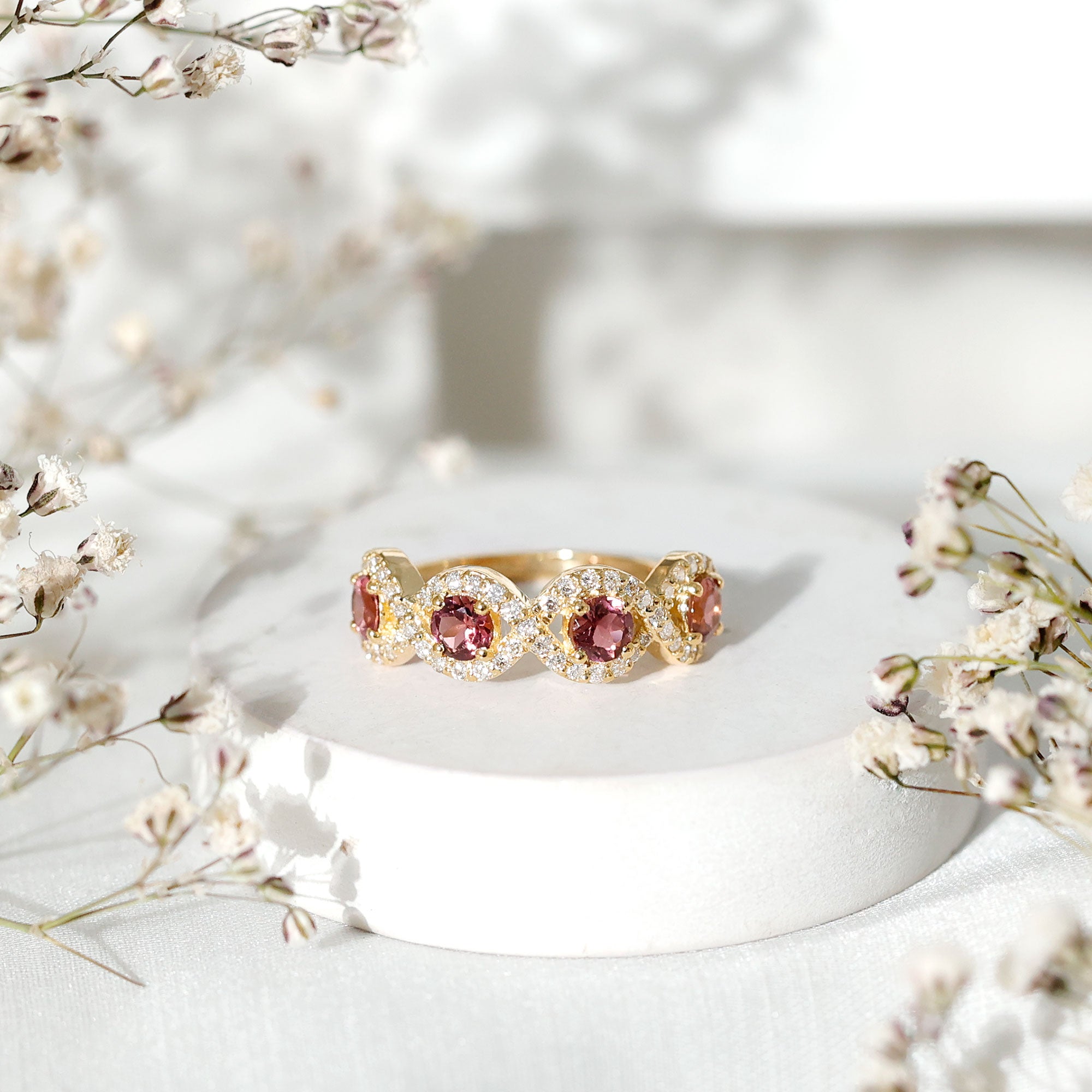 Rosec Jewels-Pink Tourmaline Infinity Half Eternity Band Ring with Diamond