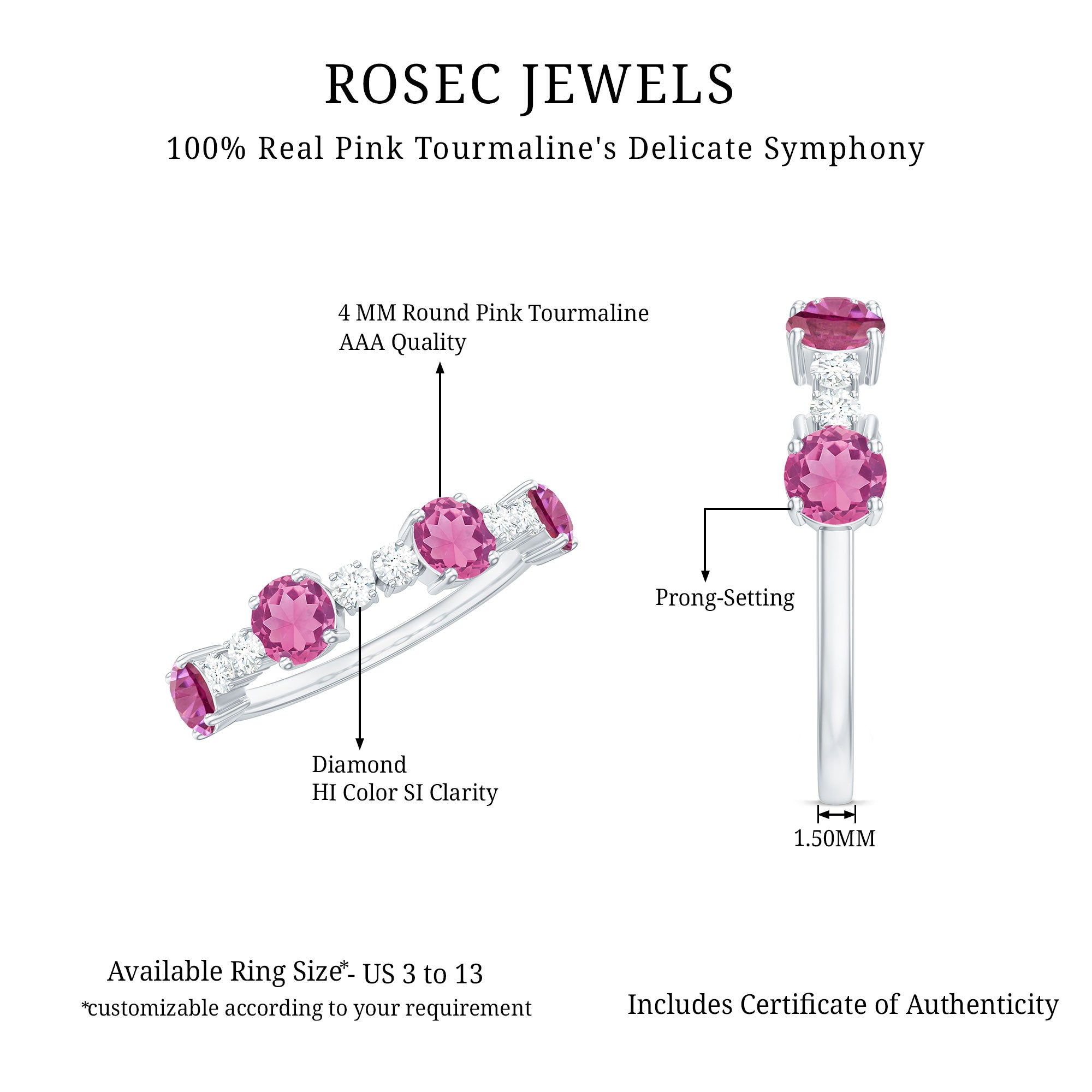 Alternate Semi Eternity Ring with Pink Tourmaline and Diamond AAA - Rosec Jewels