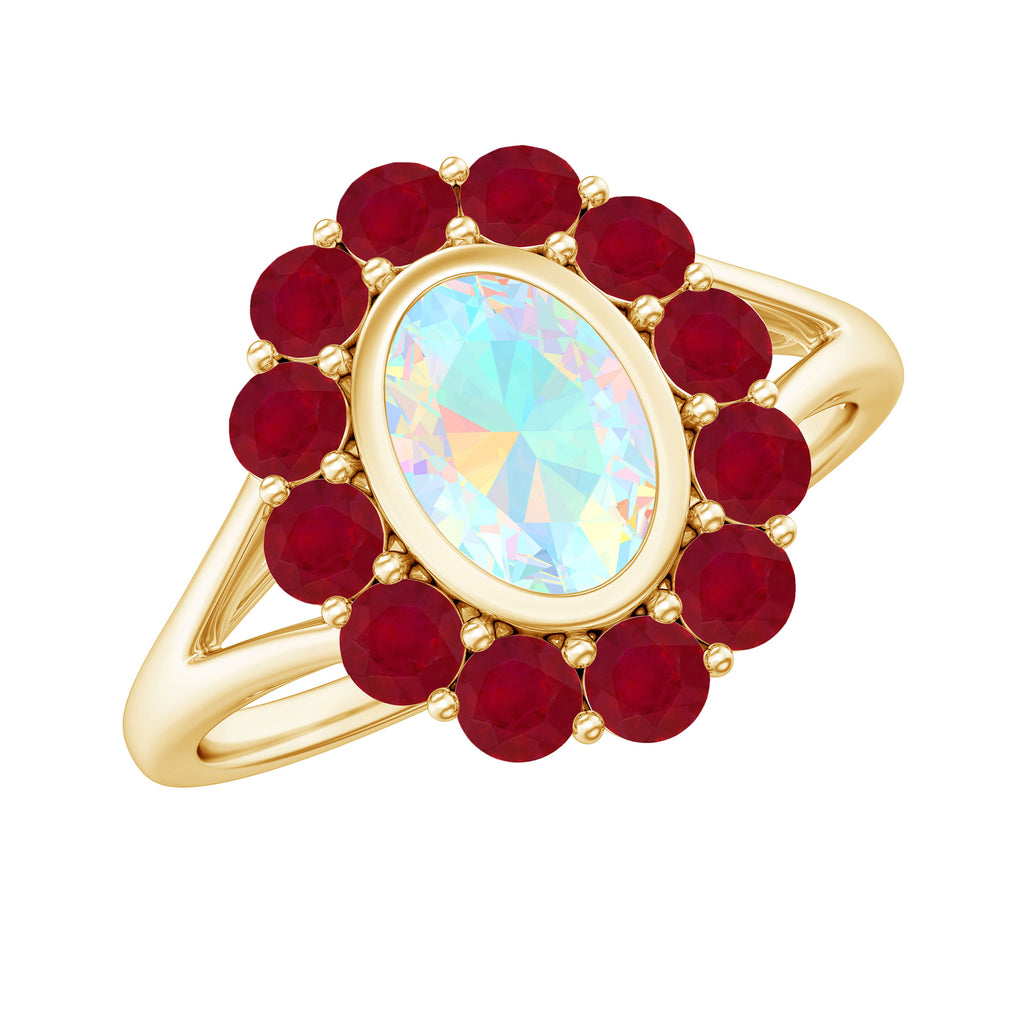2 CT Oval Cut Ethiopian Opal Cocktail Engagement Ring with Ruby Halo Ethiopian Opal - ( AAA ) - Quality - Rosec Jewels