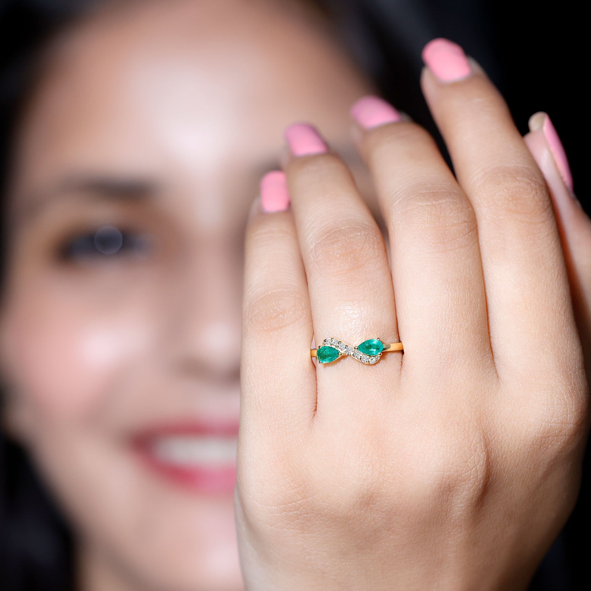 Rosec Jewels-Natural Pear Emerald and Diamond Infinity Promise Ring