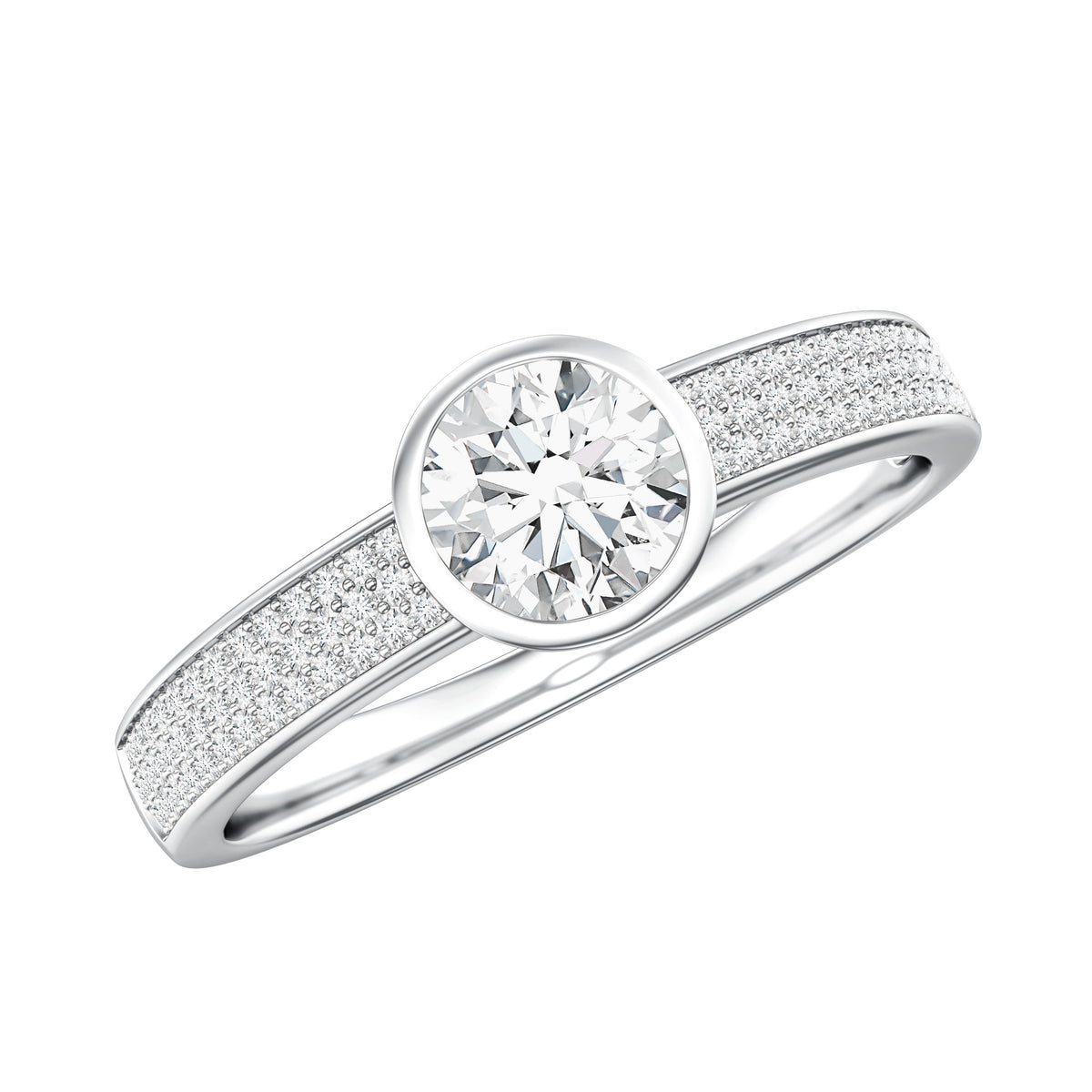 Bezel Set Moissanite Engagement Ring with Side Stones D-VS1 - Rosec Jewels