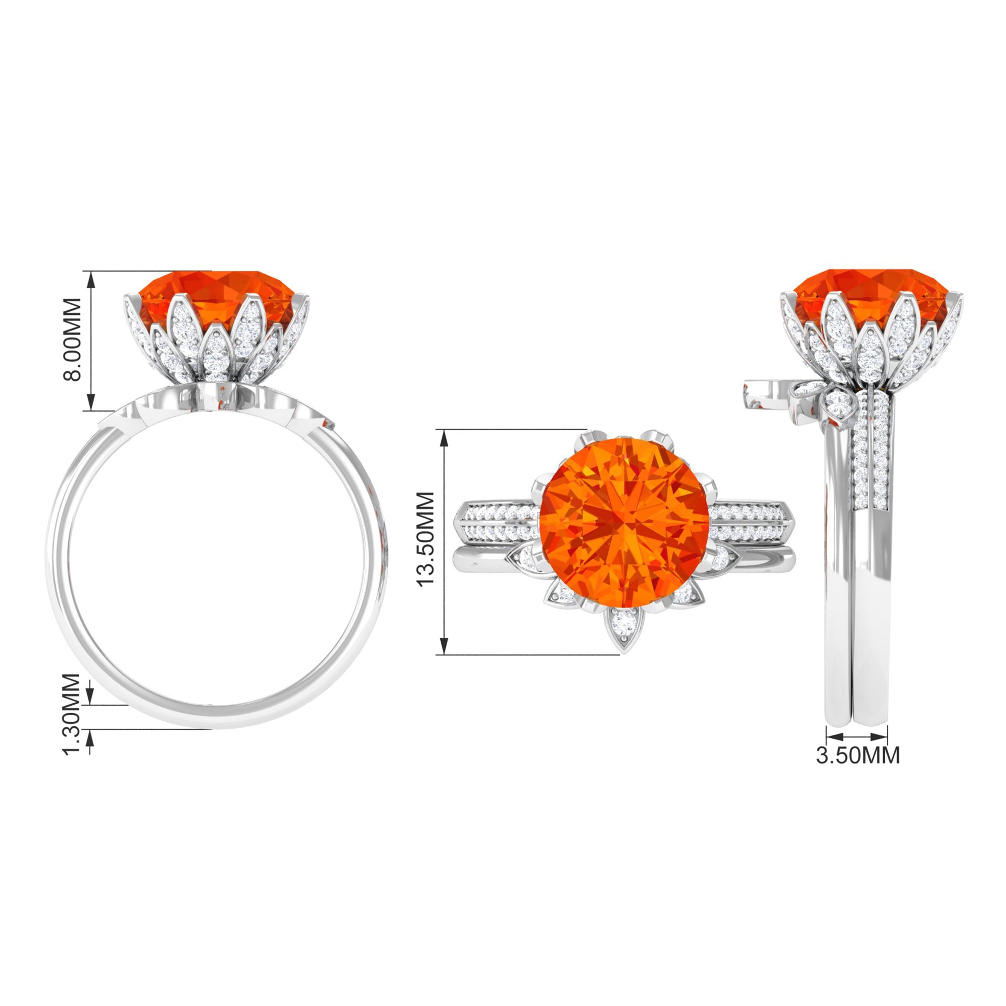 Created Orange Sapphire Floral Bridal Ring Set with Moissanite Accent Lab Created Orange Sapphire - ( AAAA ) - Quality - Rosec Jewels