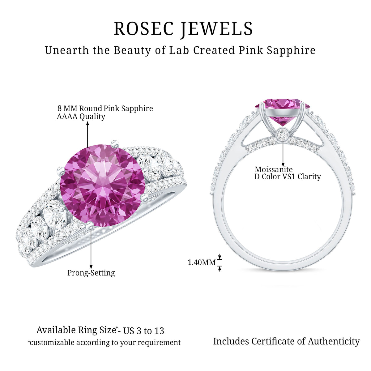 Created Pink Sapphire Engagement Ring with Moissanite Side Stones AAAA - Rosec Jewels