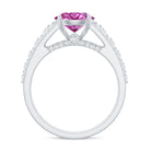 Created Pink Sapphire Engagement Ring with Moissanite Side Stones AAAA - Rosec Jewels