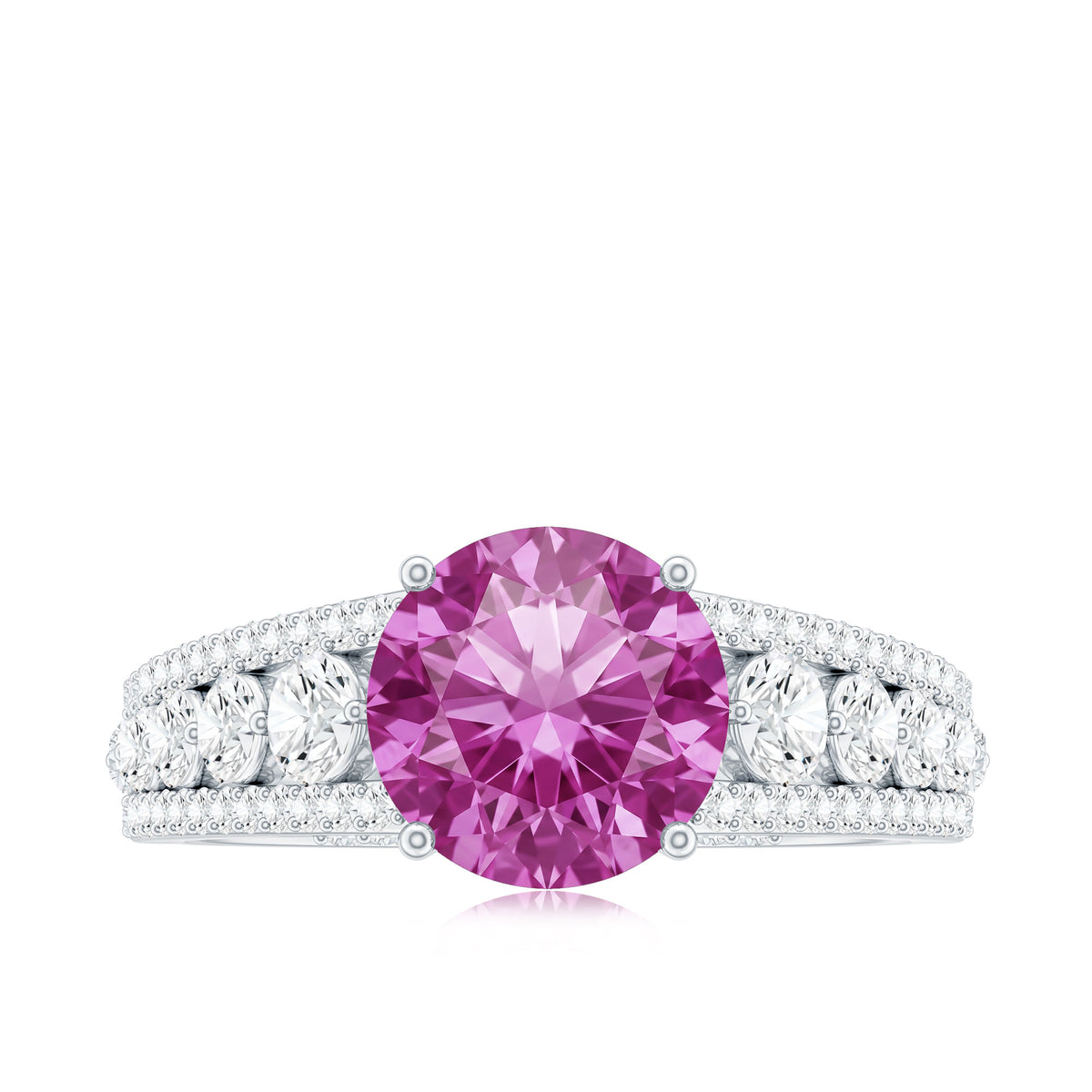 Created Pink Sapphire Engagement Ring with Moissanite Side Stones AAAA - Rosec Jewels
