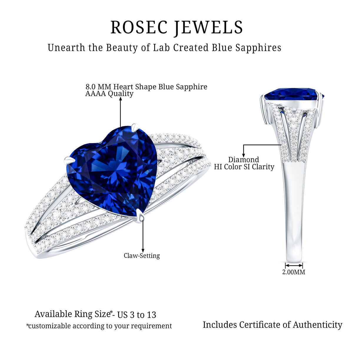 Certified 2 Carat Lab Grown Blue Sapphire Heart Engagement Ring with Diamond Split Shank AAAA - Rosec Jewels