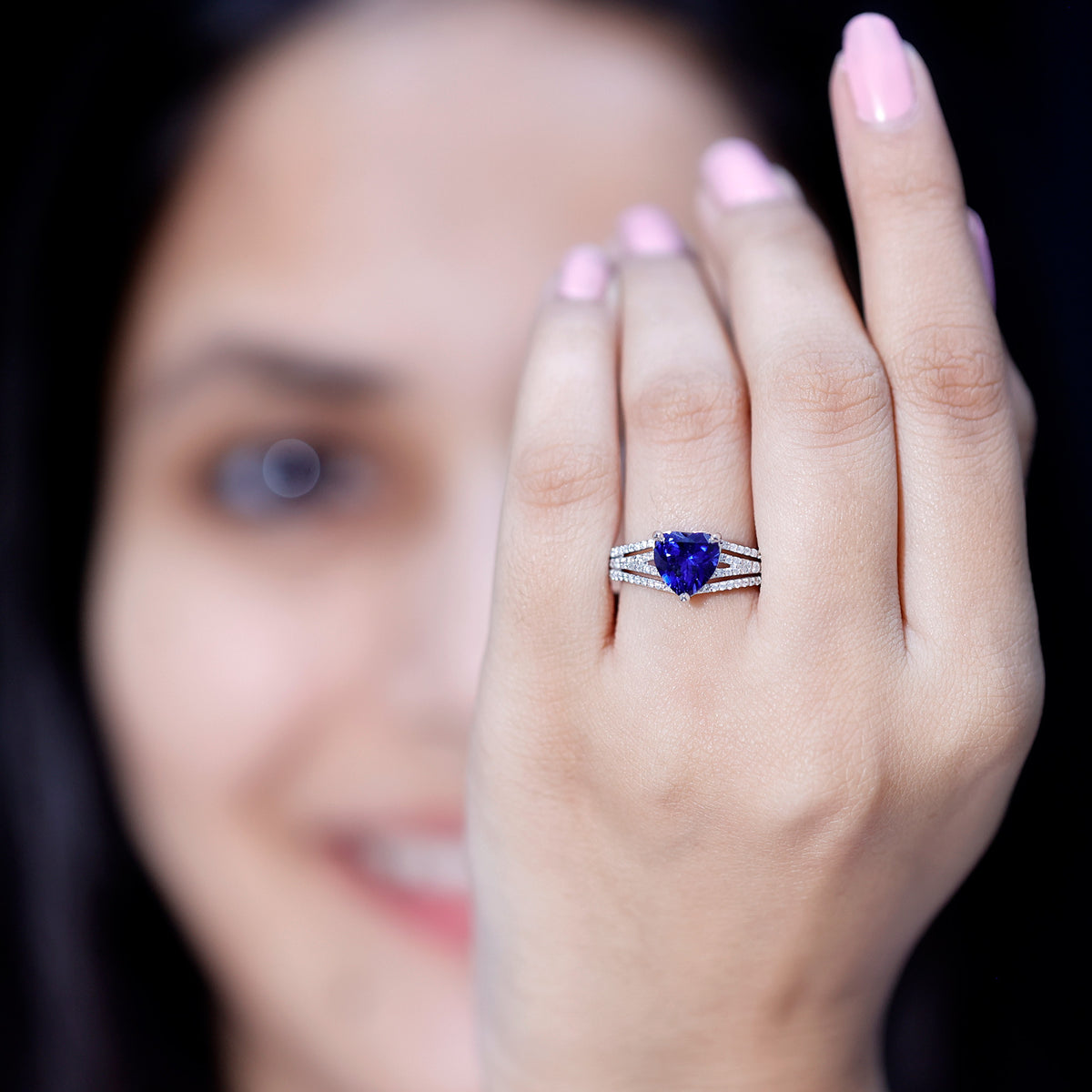 Certified 2 Carat Lab Grown Blue Sapphire Heart Engagement Ring with Diamond Split Shank AAAA - Rosec Jewels