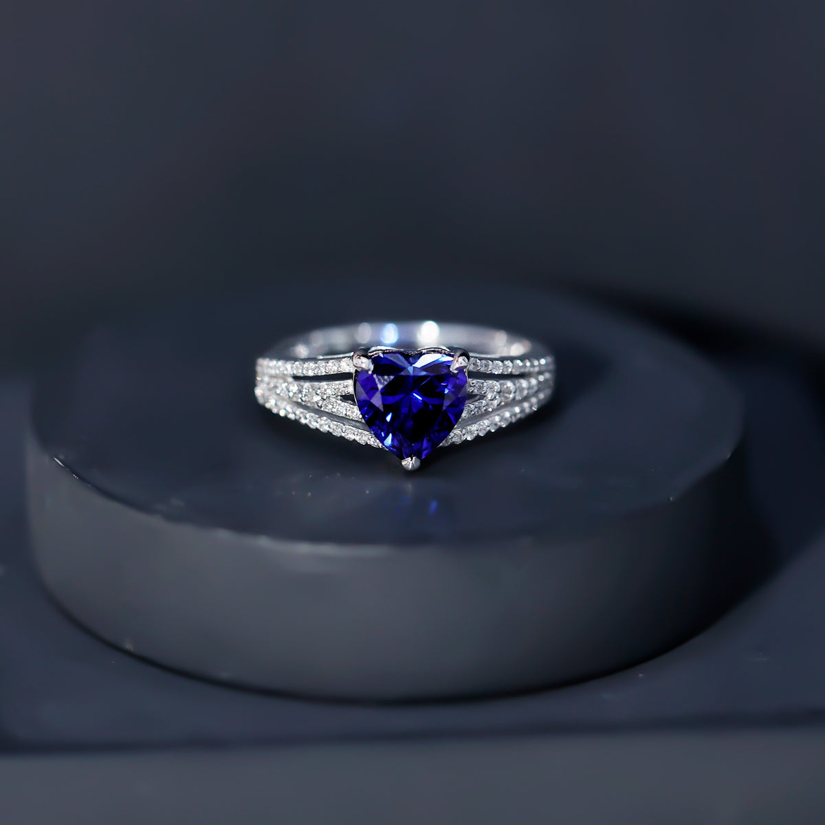 Certified 2 Carat Lab Grown Blue Sapphire Heart Engagement Ring with Diamond Split Shank AAAA - Rosec Jewels