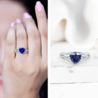 Certified 2 Carat Lab Grown Blue Sapphire Heart Engagement Ring with Diamond Split Shank AAAA - Rosec Jewels